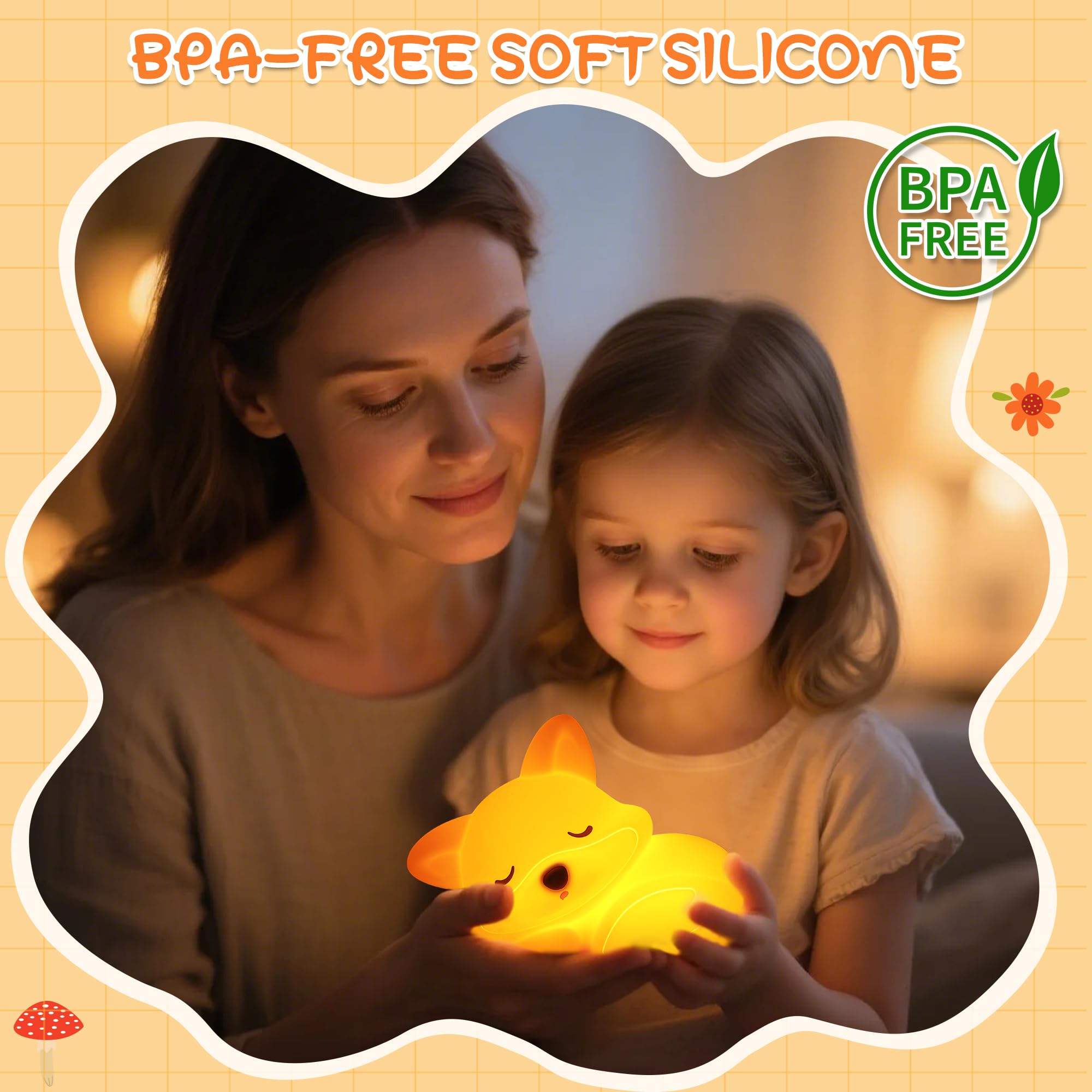 Okayera Fox Night Light For Kids  Cute Silicone Lamp With Rechargeable Dimmable 20 Mins Timer  Kids Bedside Decoration Light  Birthday Holiday Christmas Gifts Idea For Baby Girl Boy Friend