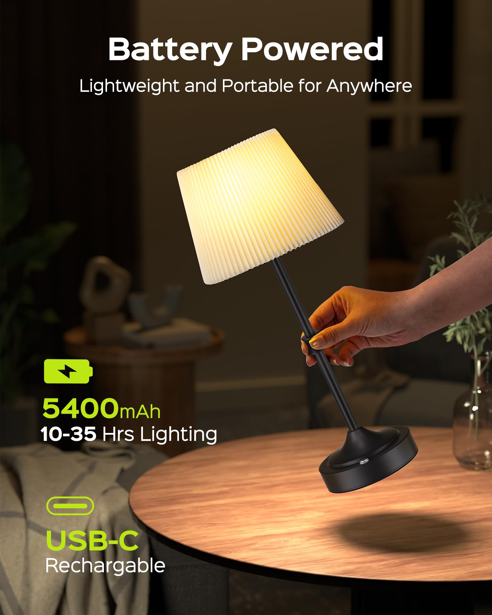 JACKYLED Cordless LED Table Lamp, 3 Color Lights, 5400mAh Battery, 2 Pack, Antique Black, Model JKTL01-7005405B