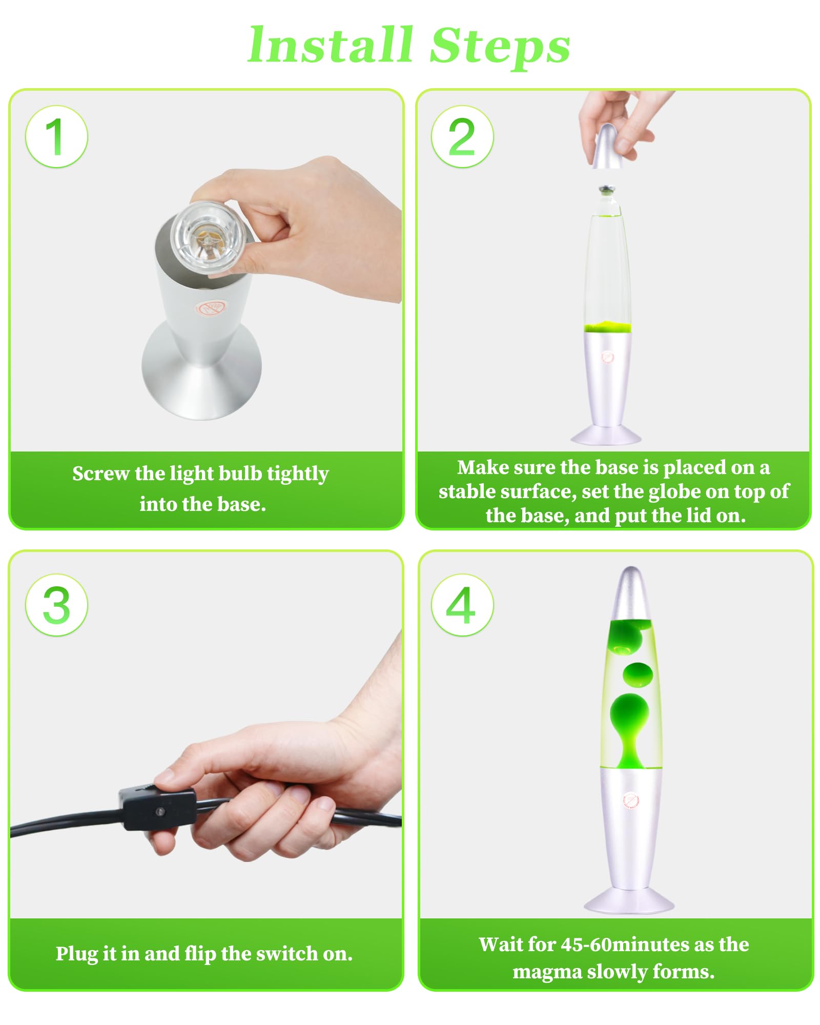 QQP Green Magma Liquid Motion Lamp, Glass-Aluminum, 13 Inches, Silver Base, Nightlight for mature-themeds, Teens, Kids