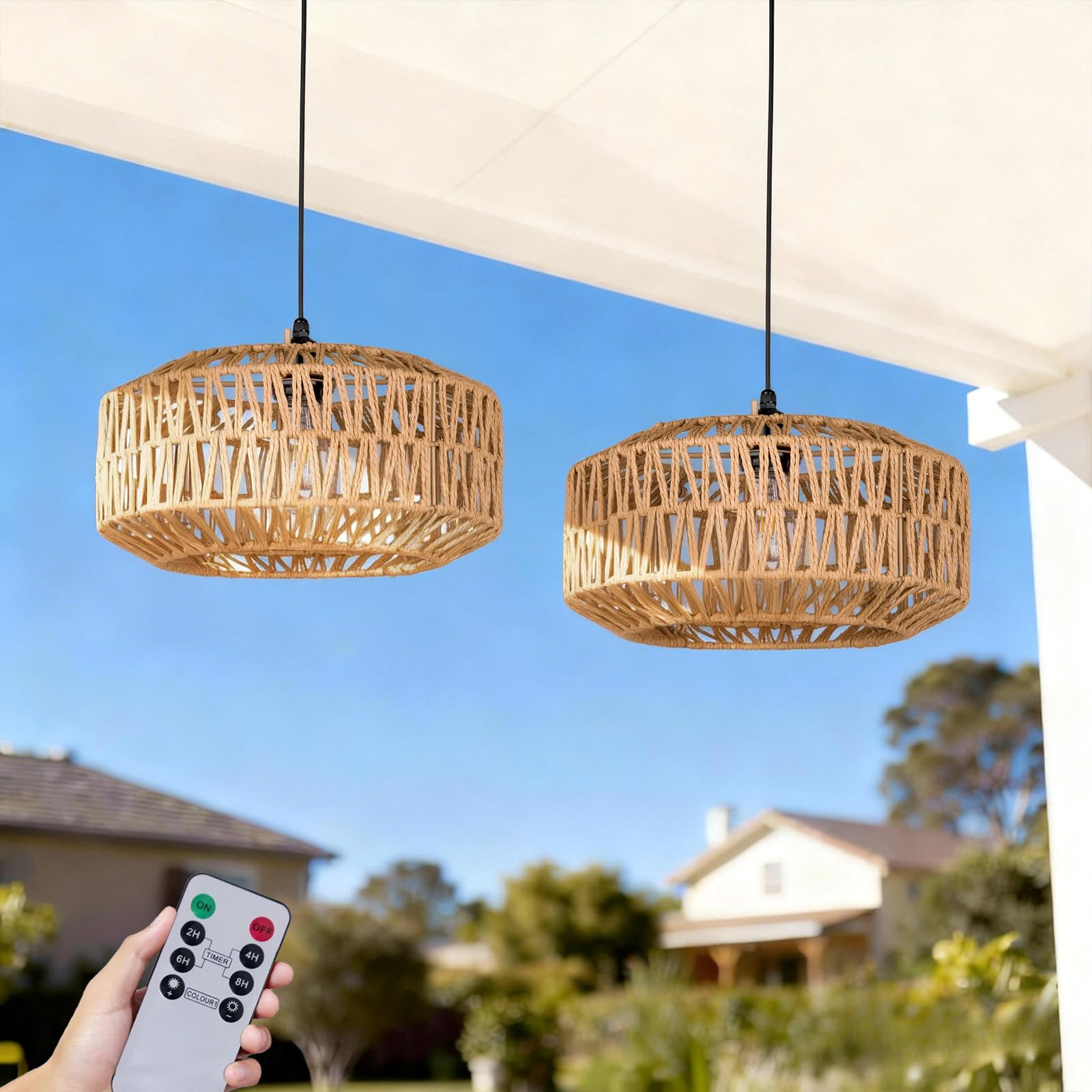 ALL FORTUNE 13 Battery Operated Outdoor Chandelier, Battery Power Hanging Pendant Lights, Woven Rattan Gazebo Light Outdoor Wate
