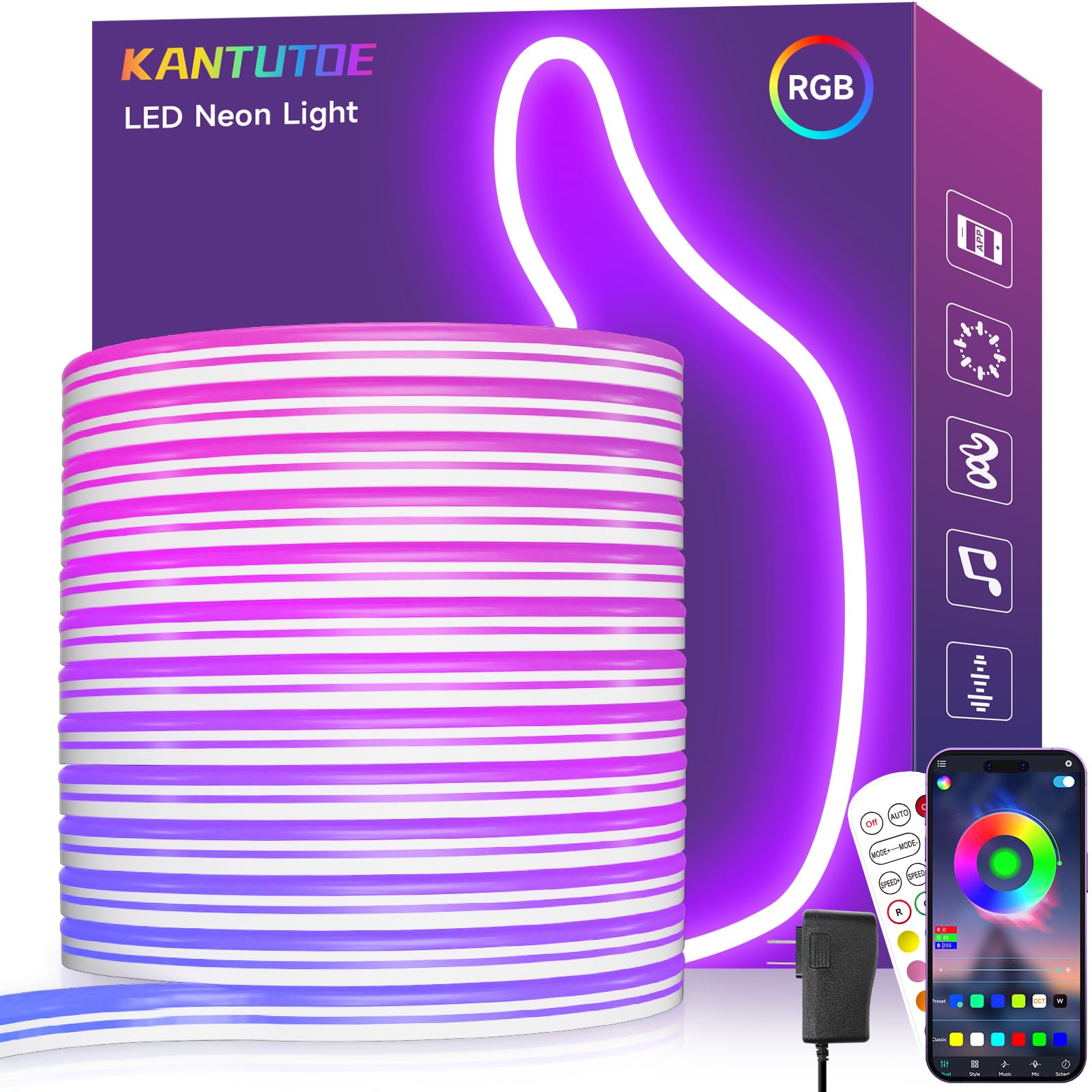 KANTUTOE LED Neon Rope Lights, 32.8ft RGB LED Light Strip, 24V Music Sync App/Remote Control DIY Rope Light, IP67 Waterproof Gam