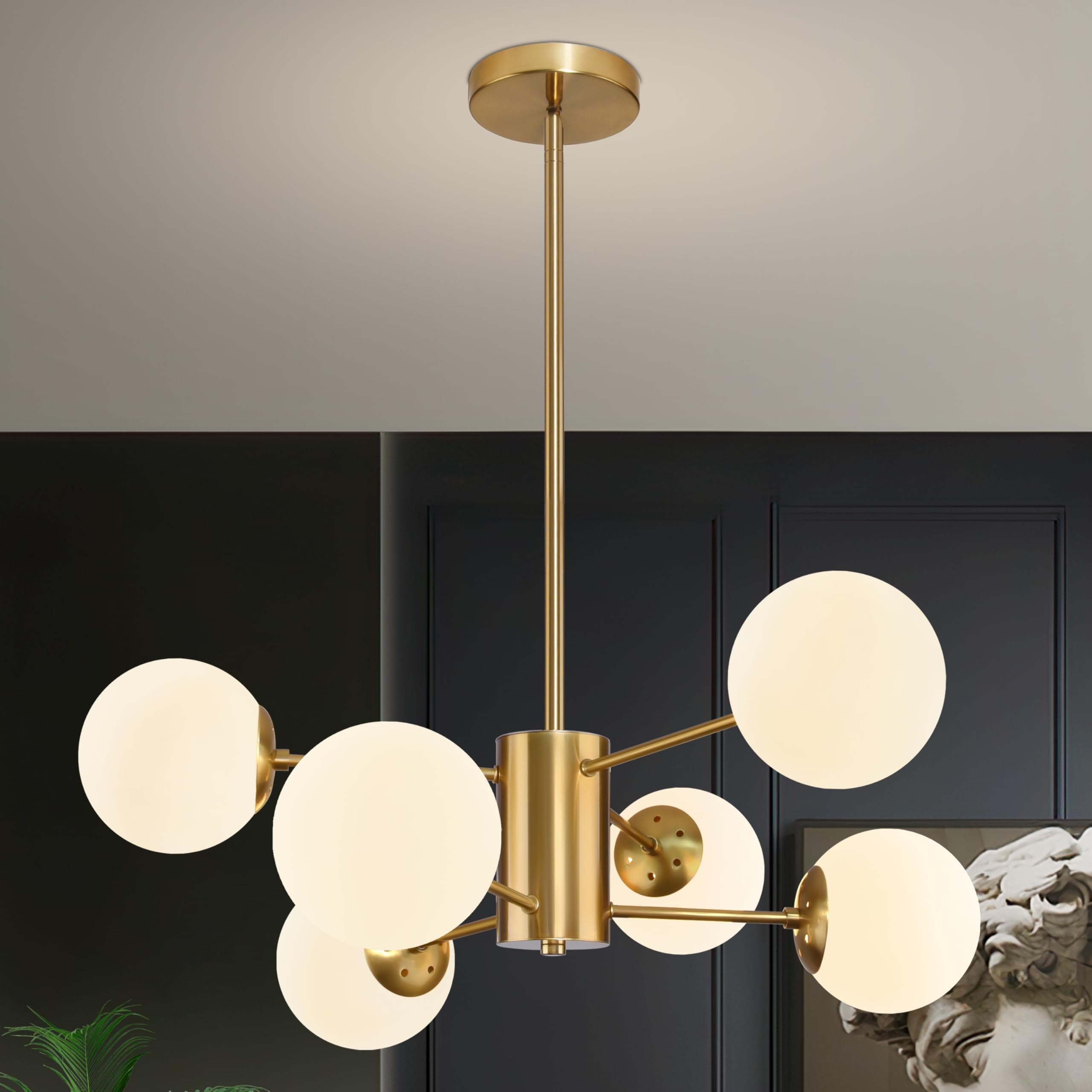 Bagood 6-Light Globe Sputnik Chandelier Milk Glass Modern Gold Chandelier Light Fixture Mid Century Sputnik Chandeliers Pendant 