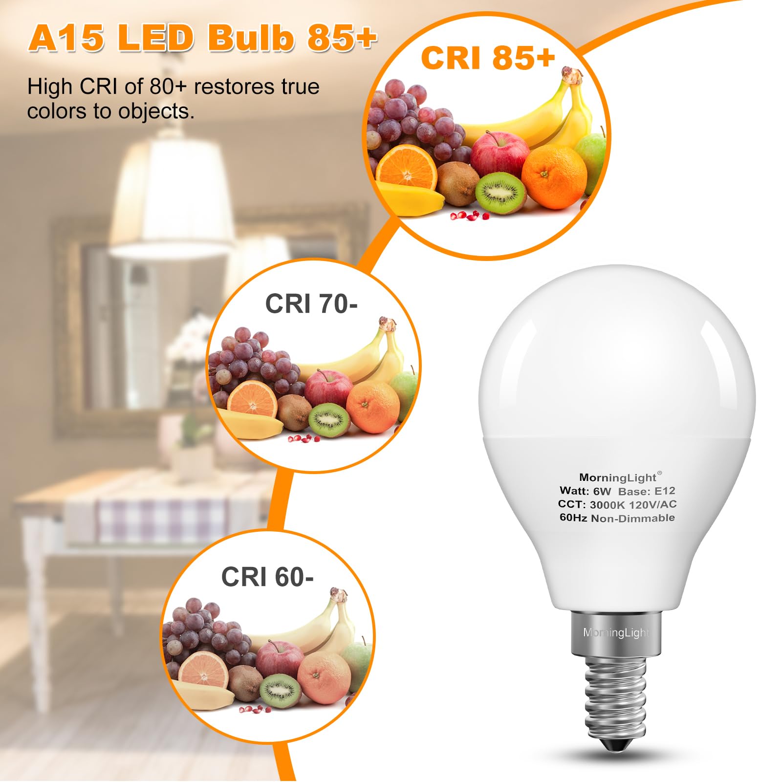 Morninglight A15 Led Bulb 60Watt Equivalent 3000K Soft White  E12 Small Base Candelabra Round Light Bulb  600Lm  Non-Dimmable  A15 Light Bulb For Ceiling Fan  Modern & Rustic Lighting Fixtures  6 Pack