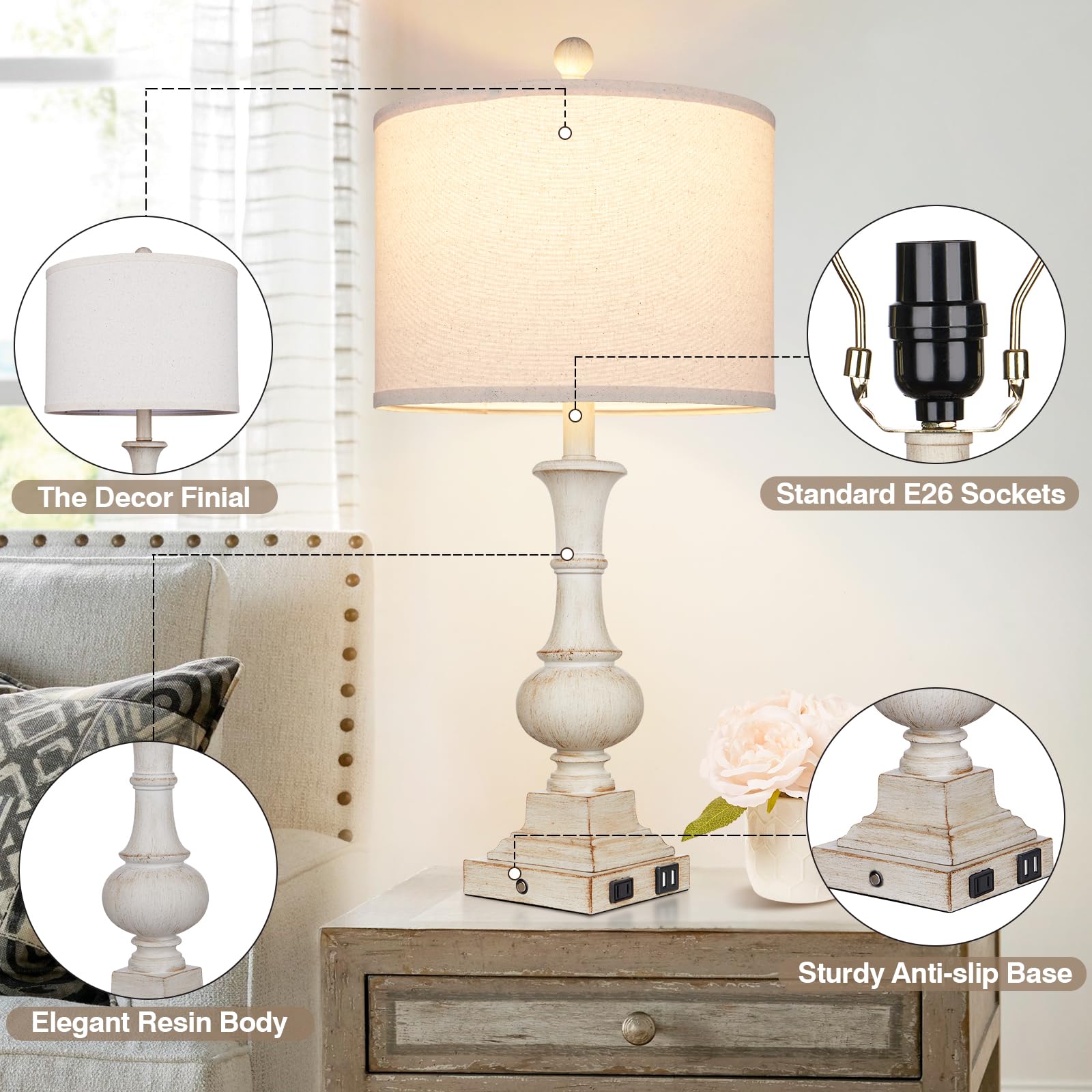 26'' Farmhouse Table Lamps, Table Lamps For Living Room Set Of 2 With Usb A+C Ports & Ac Outlet, Vintage Rustic Touch Control 3-