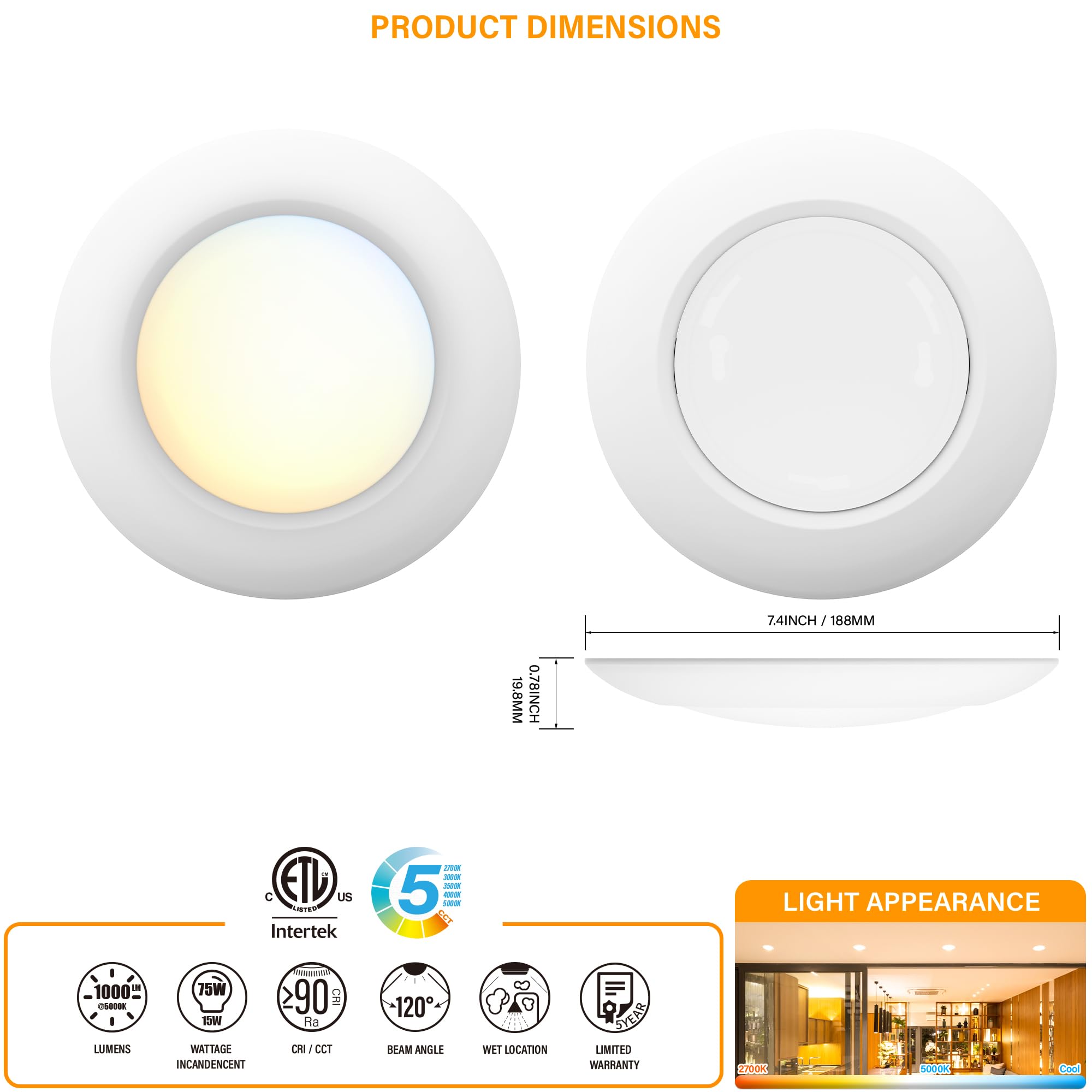 JULLISON 6 Inch LED Disk Light with Dust to Dawn Sensor, 15W, 1000LM, 5CCT Color Changing, ETL Rated, White - 8 Packs