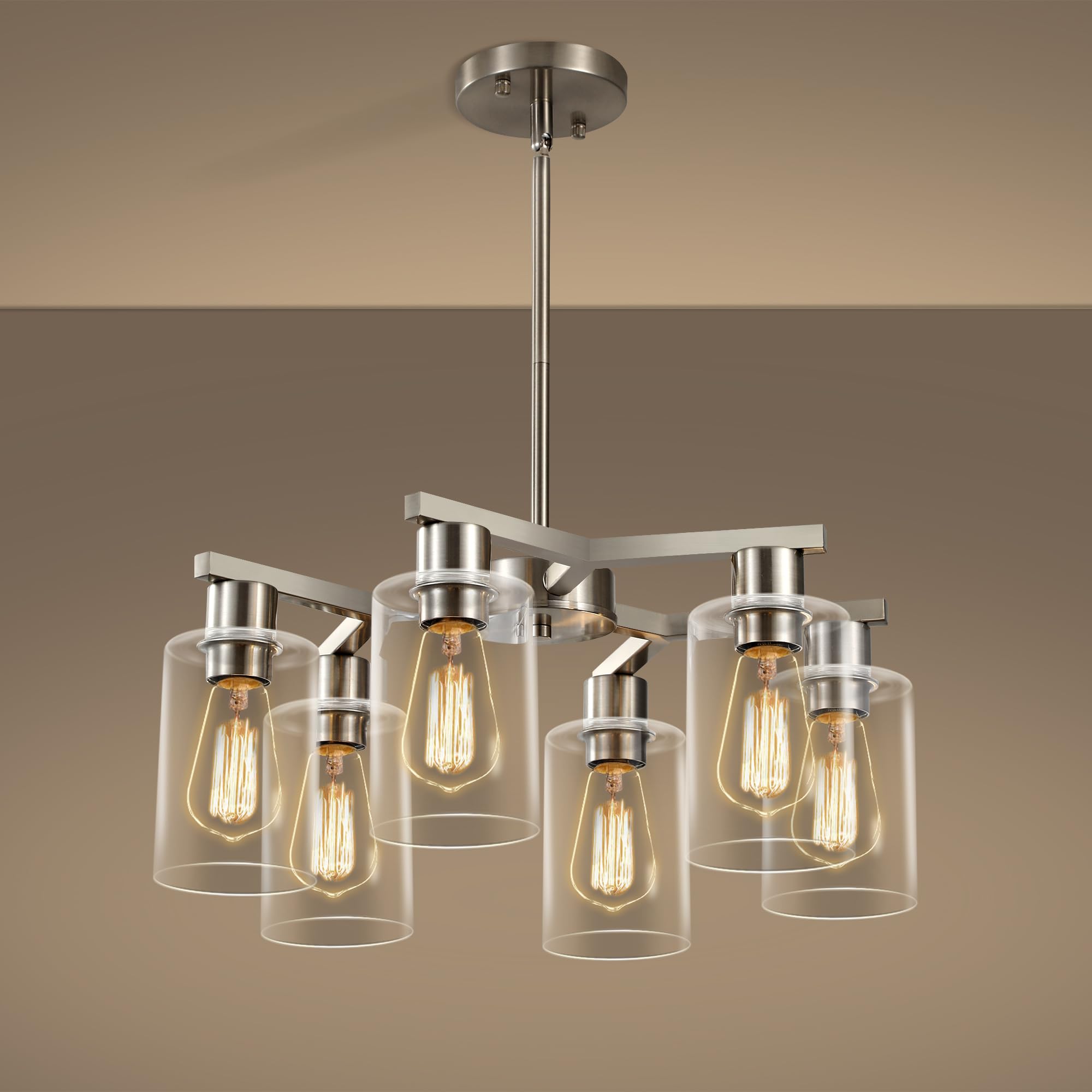 Kvaeavn 6-Light Modern Farmhouse Brushed Nickel Chandelier  Dining Room Light Fixture Over Table Adjustable Height Hanging Industrial Pendant Lights Kitchen Island  Clear Glass Shade