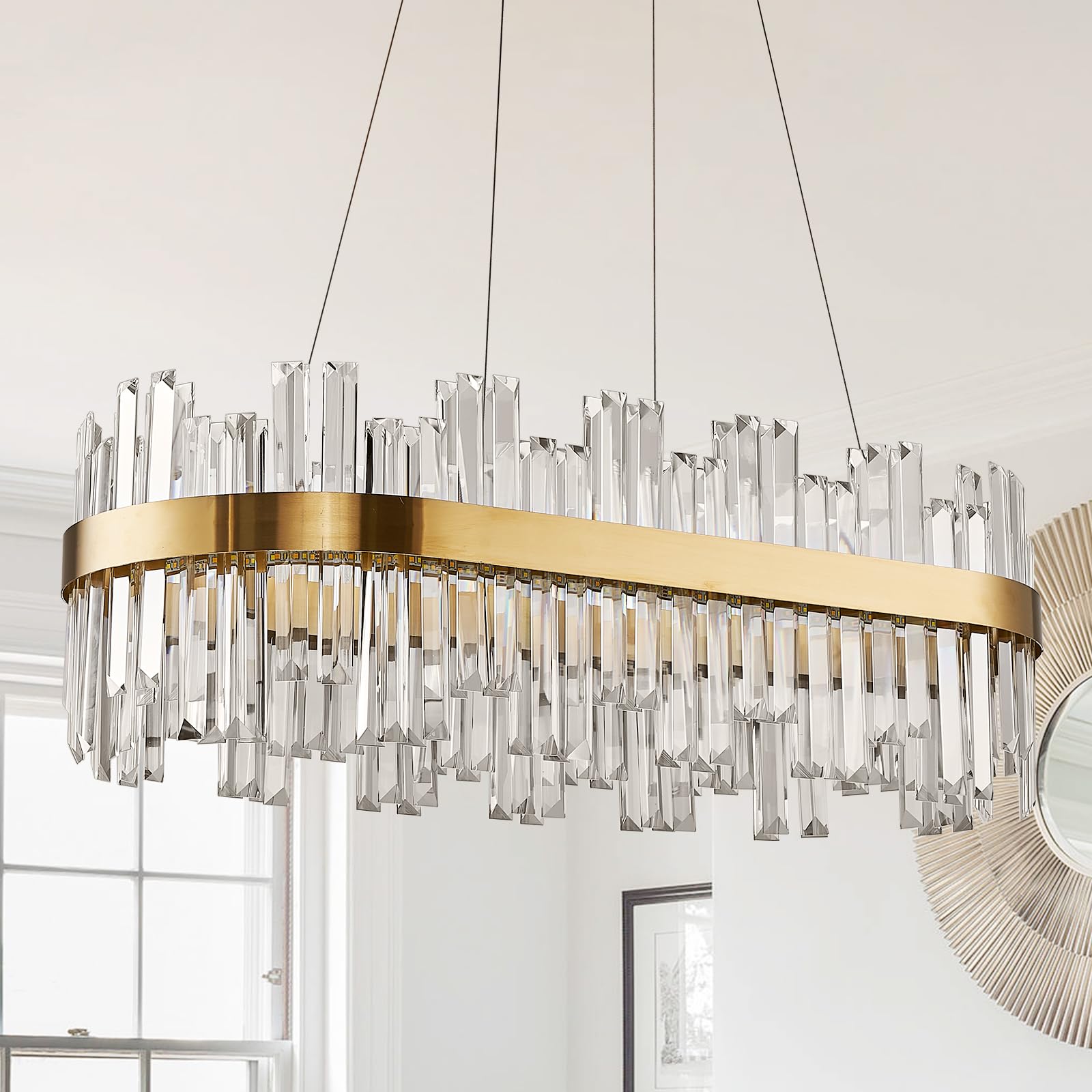 ALIYIQI 39.3" Dimmable Gold Rectangle LED Crystal Chandelier with Remote Control, 3 Colors, Contemporary Design for Dining Room, Living Room, Kitchen