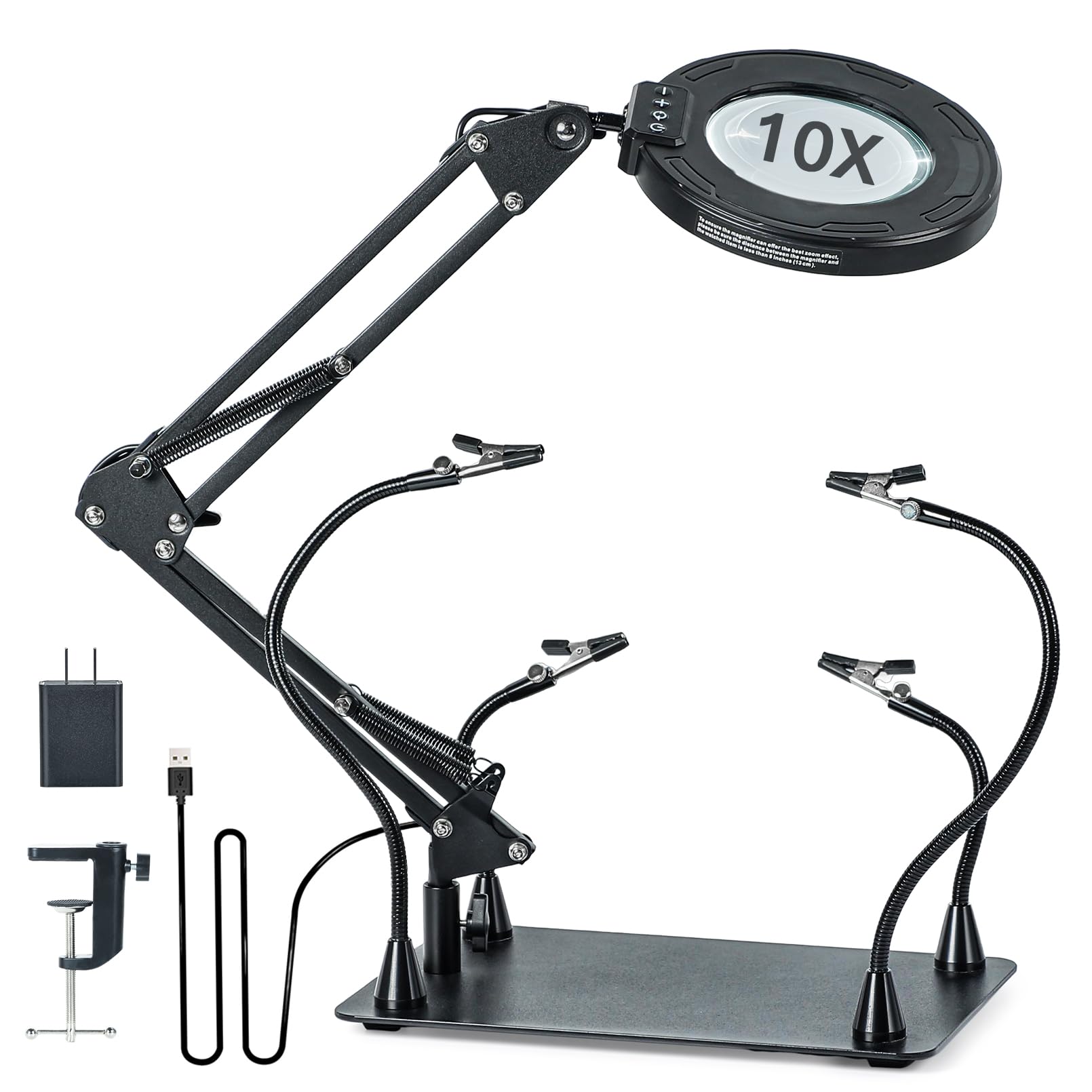CHICLEW Helping Hands Soldering Station with Magnetic Arms, 10X Magnifying Glass, LED Light, Model JM-225-S, Black