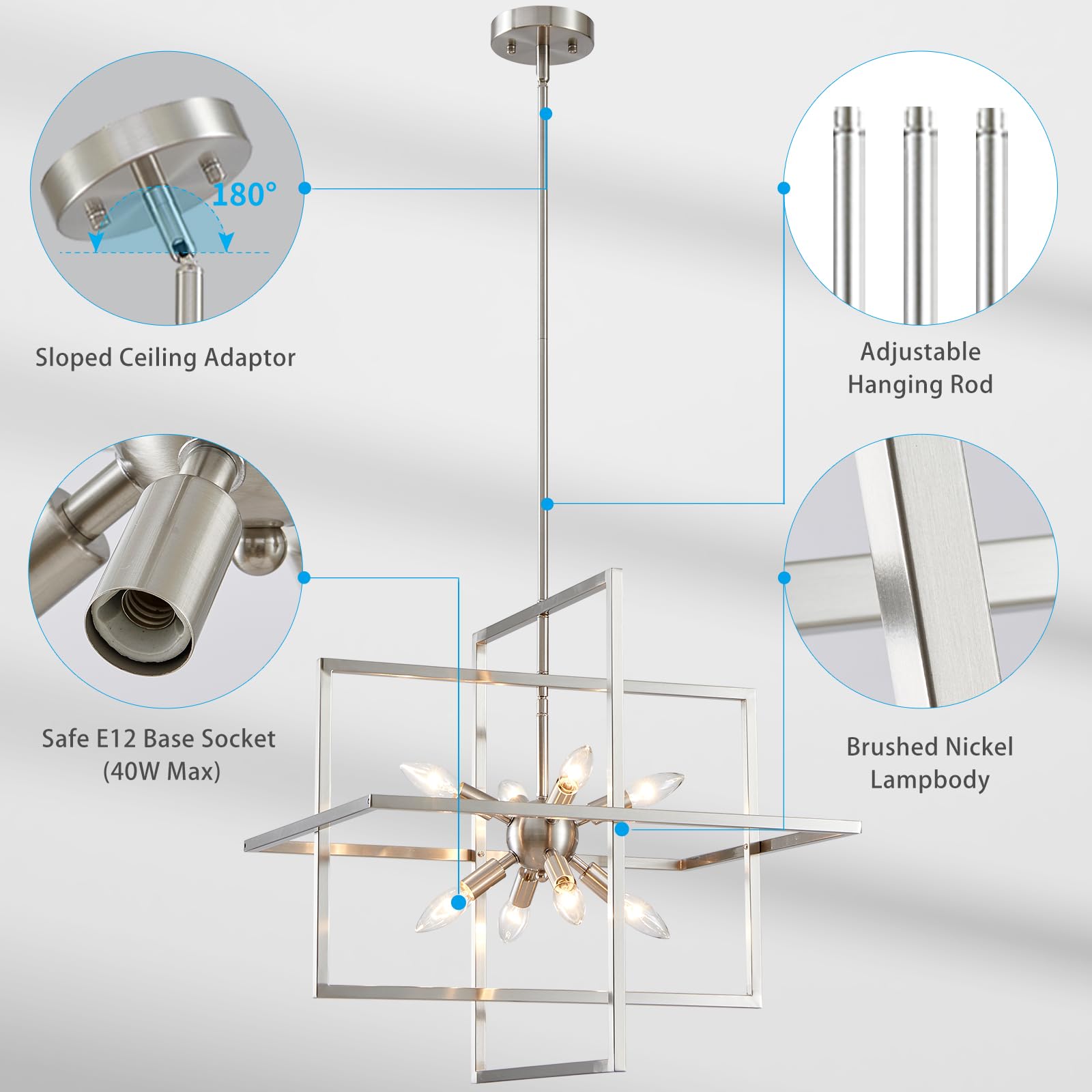 XINGQI Brushed Nickel Chandelier, 8-Light Modern Pendant Lighting for Dining Room, Kitchen, Living Room - Model XY109-BN