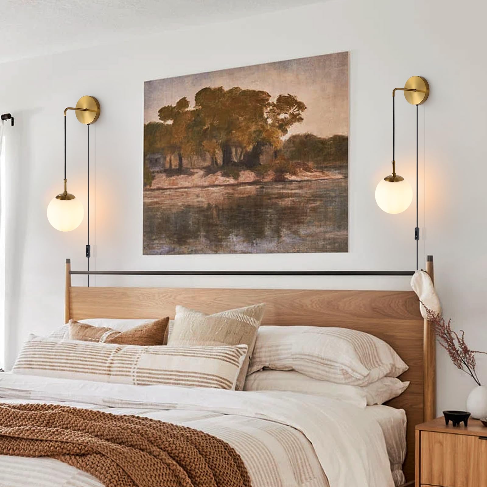 KUZZULL Wall Sconces Set of Two Plug in Wall Sconces Brushed Brass Gold Wall Lamp with Cord Wall Sconce Plug in with Globe White