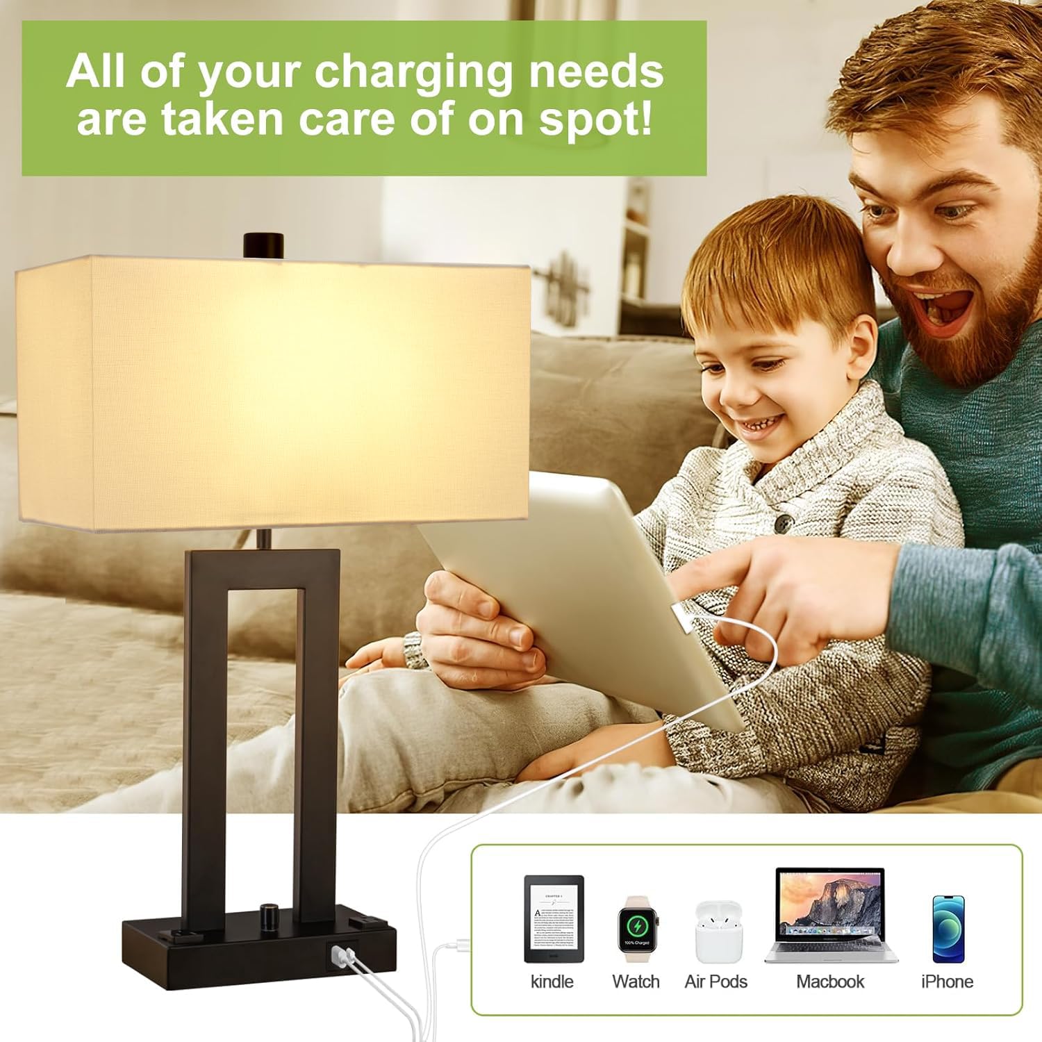 Vikdio Modern Table Lamps Set Of 2-22'' Tall Bedside Lamps With Usb-C/Usb-A Charge Ports & Outlet, Stepless Dimmable Fabric Gray