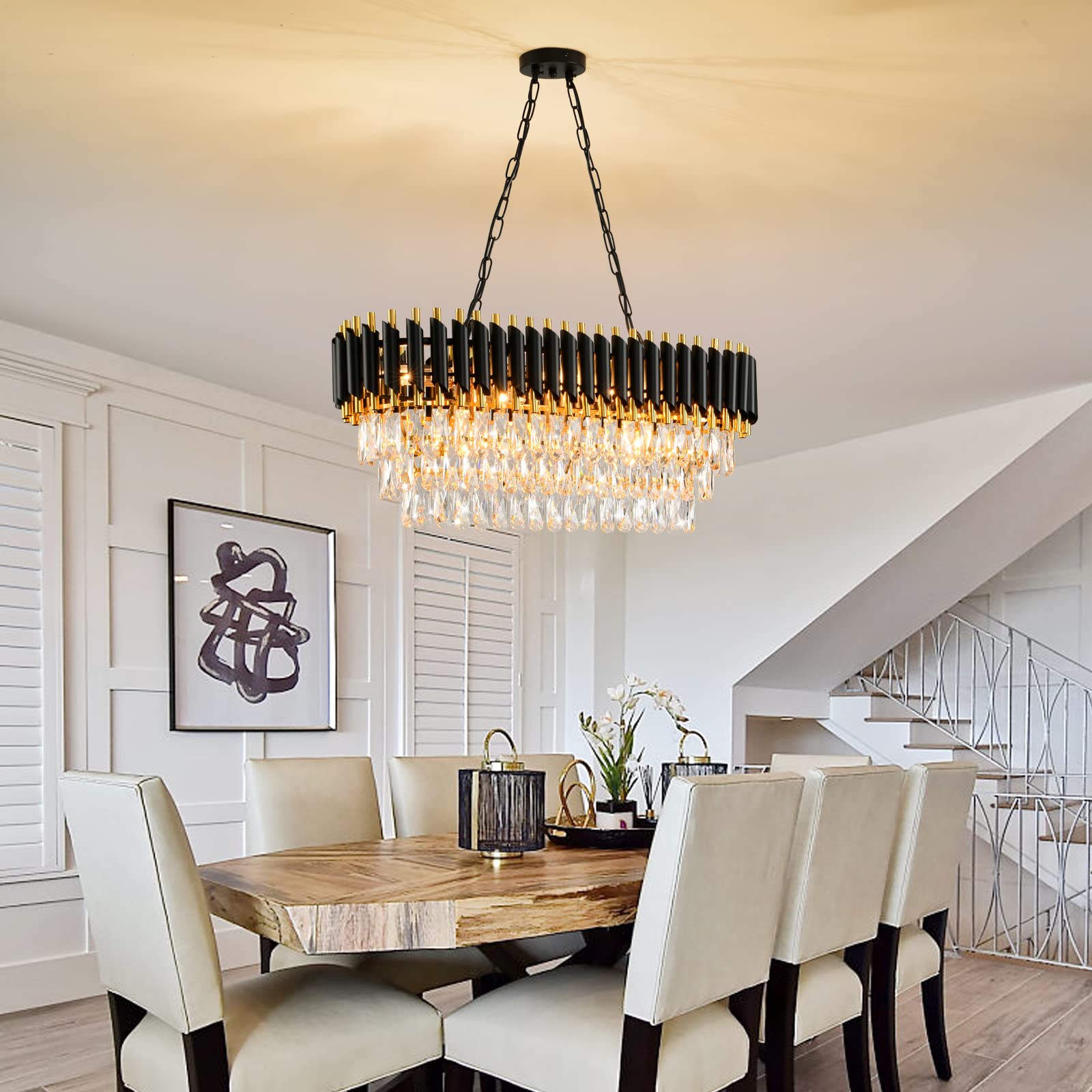Akdxirun Modern Crystal Chandeliers For Dining Room 8-Light Black And Gold Chandelier Living Room Oval Contemporary Ceiling Hang
