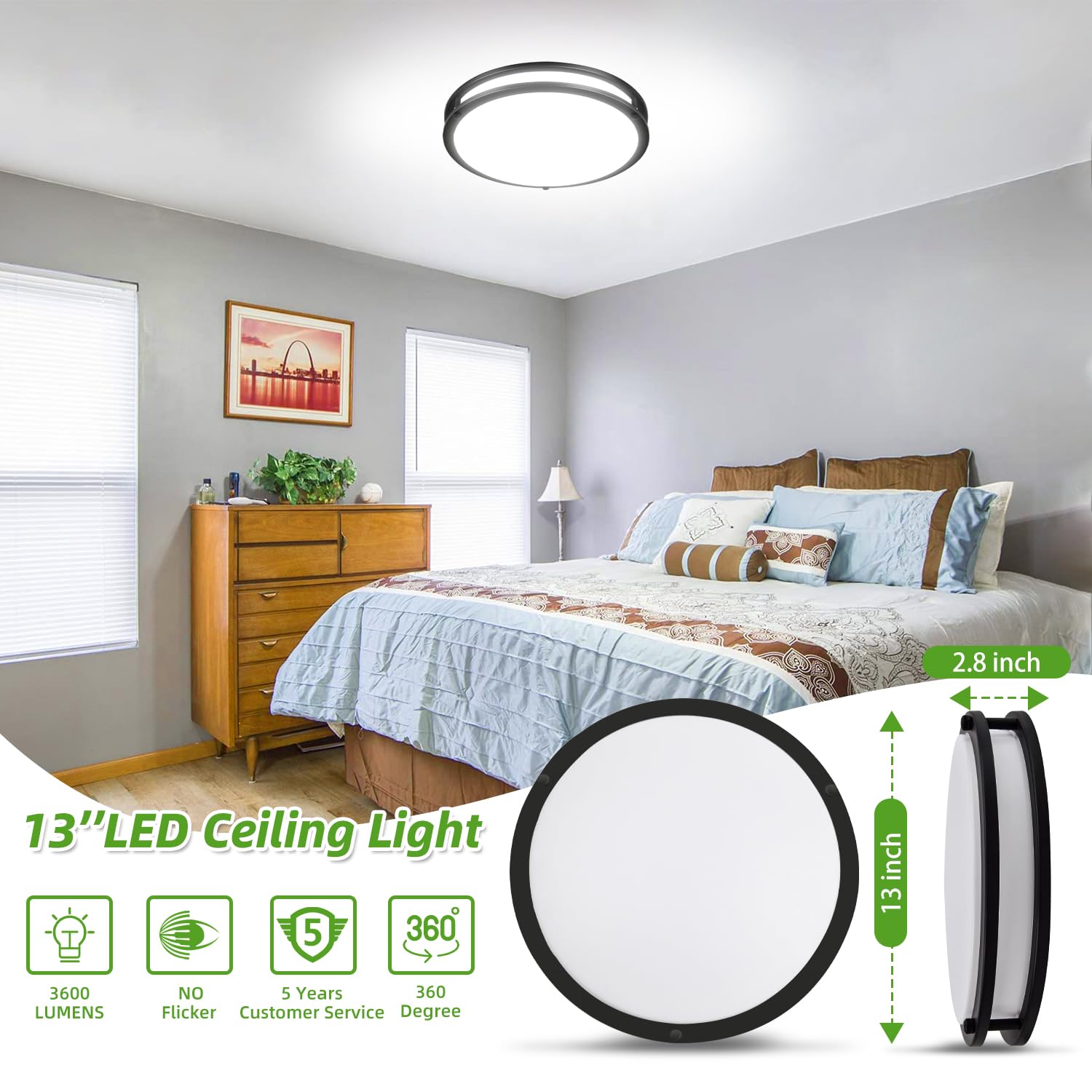 Hlite LED Flush Mount Ceiling Light Fixture, 36W, 3600LM, 13inch, Oil Rubbed Bronze, Model CLA-17