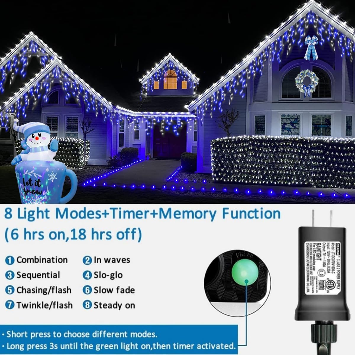 YEGUO Icicle String Lights 400 LED Blue and White Waterproof, 33ft, 80 Drops, 8 Modes with Memory Timer