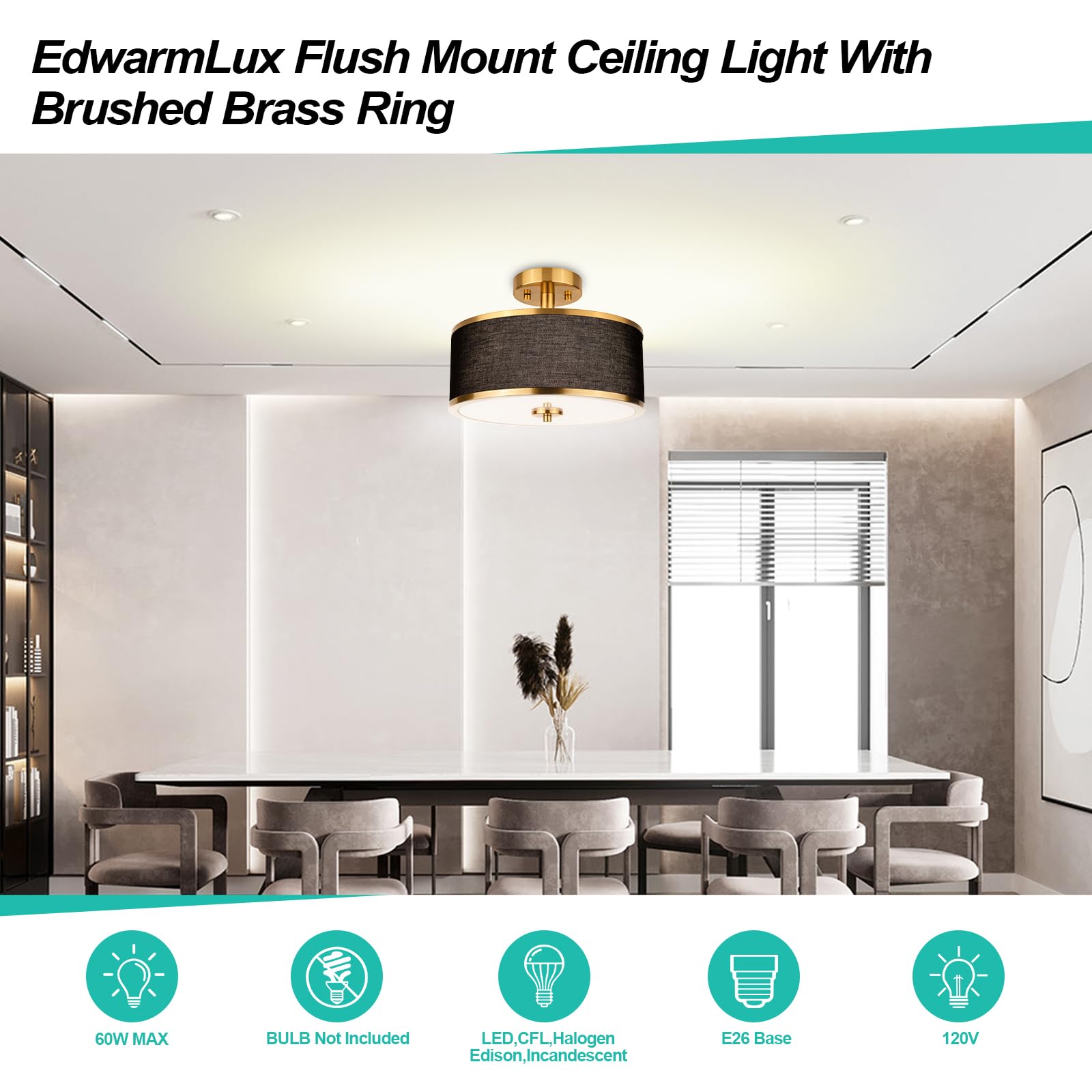 Edwarmlux 3-Light Semi Flush Mount Ceiling Light - 12.6" Brushed Gold & Black Fabric Shade - Modern Fixture for Living Room & Dining Room