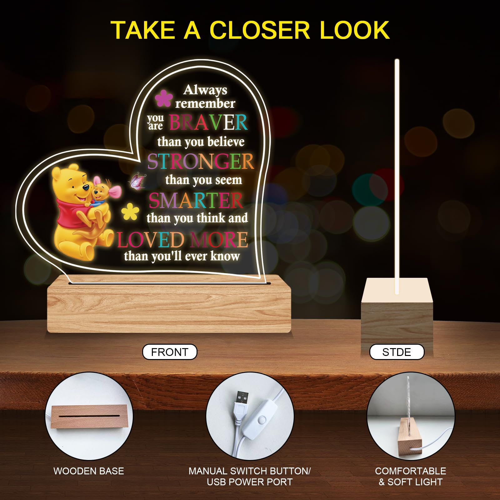 RYOTKIK Inspirational Night Lamp with Pooh Bear Cartoon Design Night Light, Inspirational Gifts for Birthday Christmas Graduatio