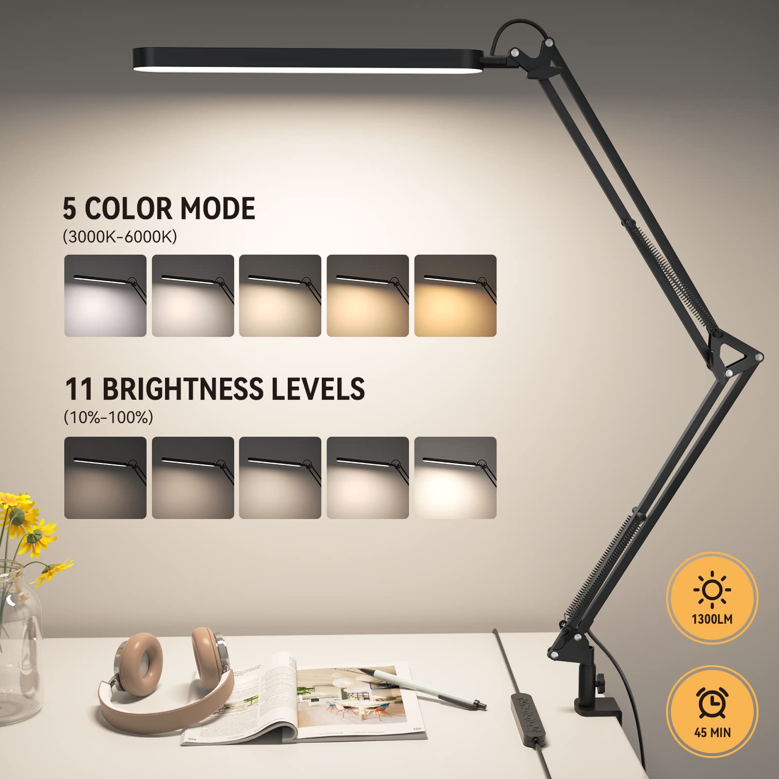 Skyleo Led Desk Lamp - Desk Light For 31.5'' Tall - 5 Color Modes X 11 Brightness Levels - Adjustable Swing Arm - Timmer & Memor