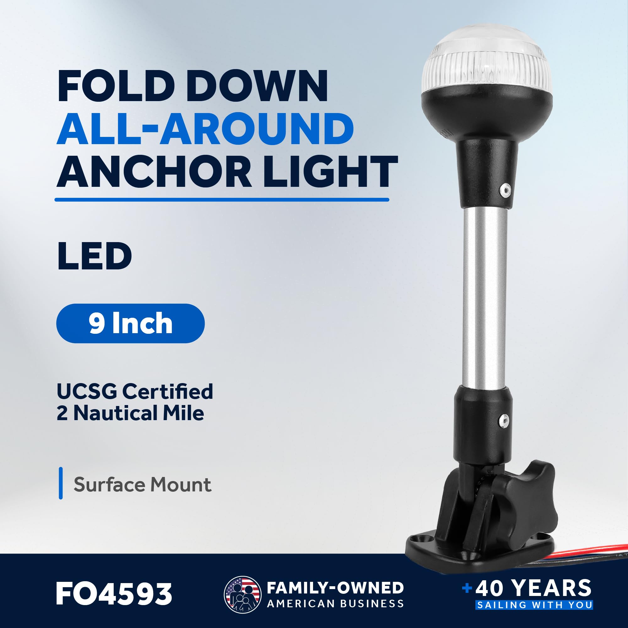 Five Oceans LED Marine Anchor Stern Light - 12V DC, USCG 2NM Certified, 9in Fold-Down for Pontoon & Fishing Boats