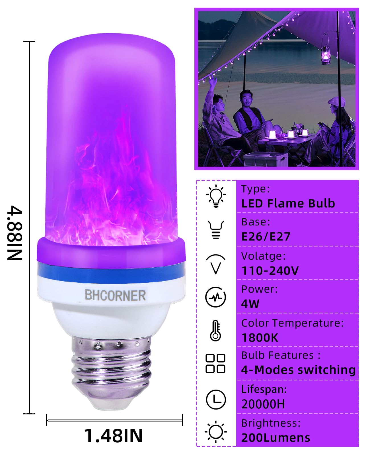 Bhcorner Smaller Led Purple Flame Light Bulbs - Halloween Decorations Light Bulbs,E26/E27 Base Christmas Purple Flickering Light Bulbs Outdoor, Led Flame Bulbs For Outdoor Lights (4 Pack)