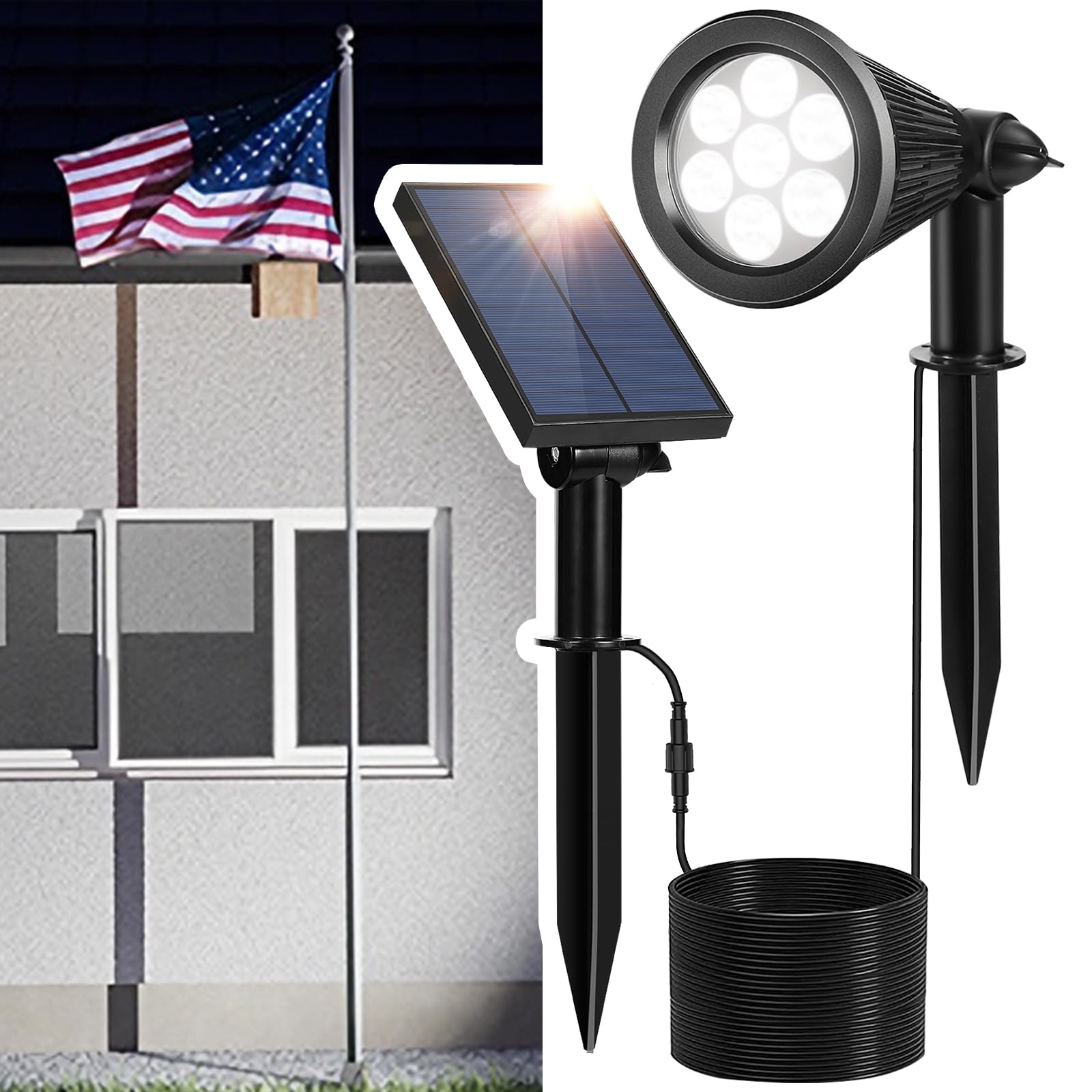 Solar Spotlight Outdoor, Spot Light with Separate Solar Panel & 24.6ft Long Waterproof Cable, Bright 7-LED Ground Flag Pole Ligh