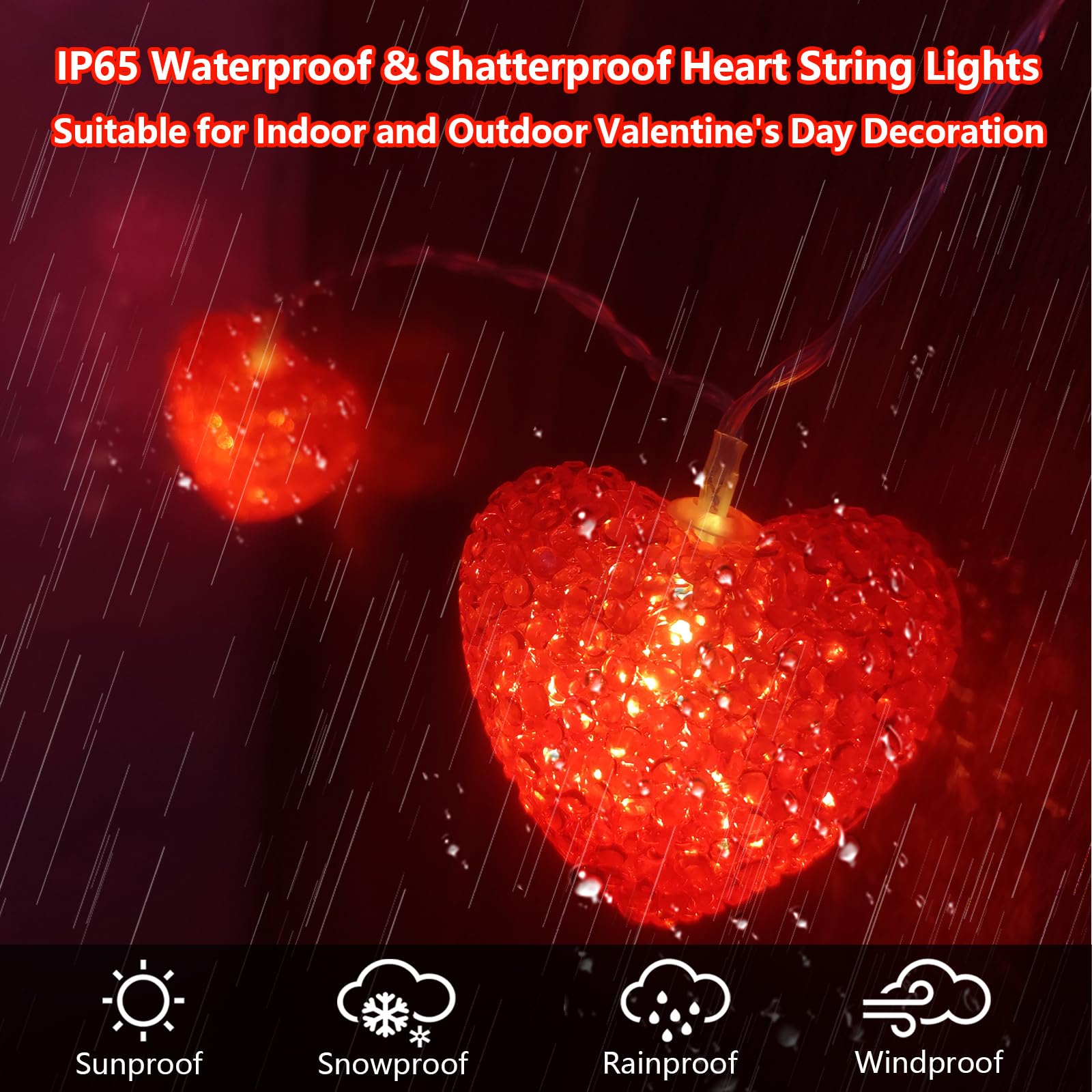 Valentines Day Lights Battery Powered 6.8Ft 10 LED Shatterproof Red Heart String Lights with Remote Timer, Outdoor Valentine Hea
