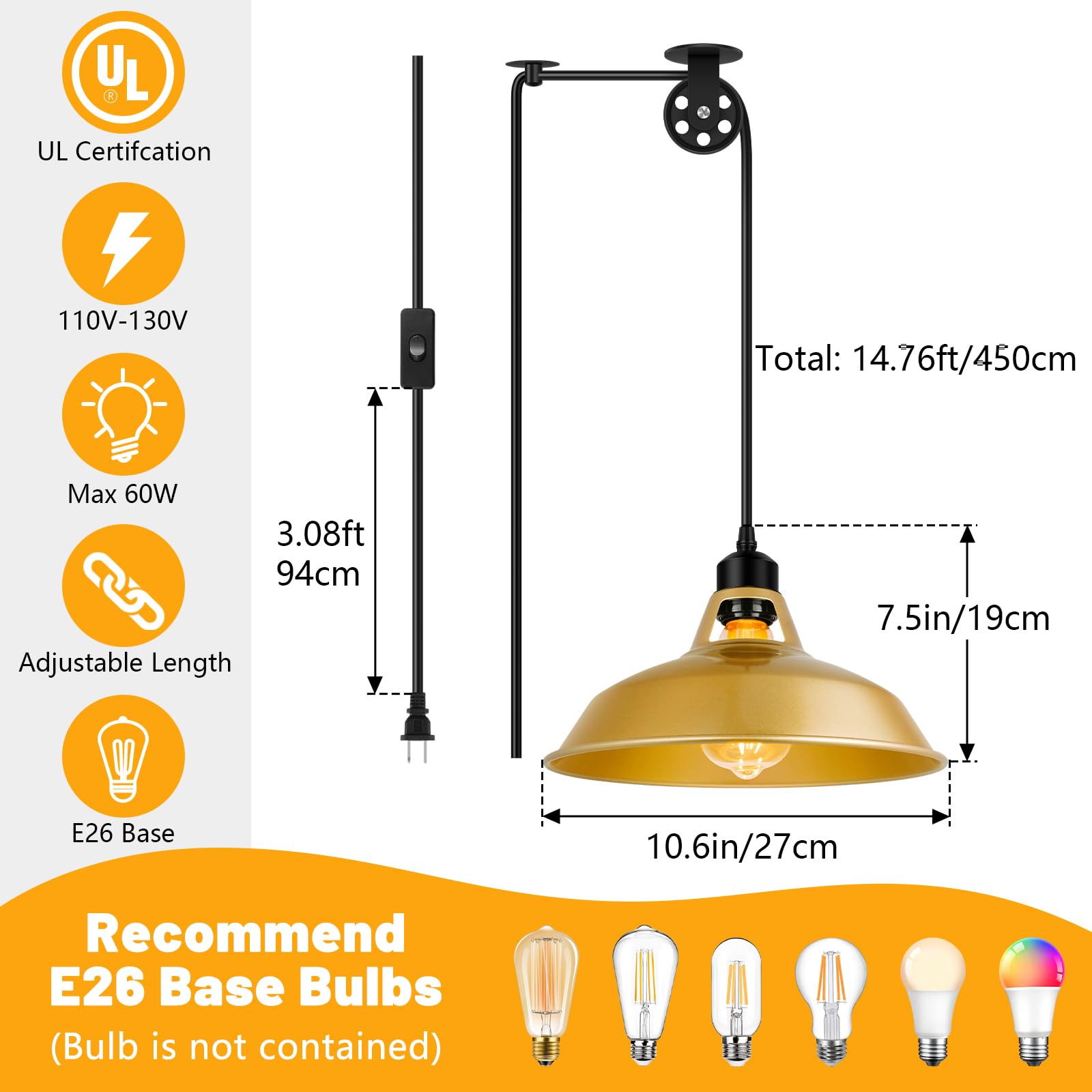 Lomoky Vintage Pendant Light, Metal Gold Barn Shade, Adjustable Cord, On/Off Switch, 1 Pack