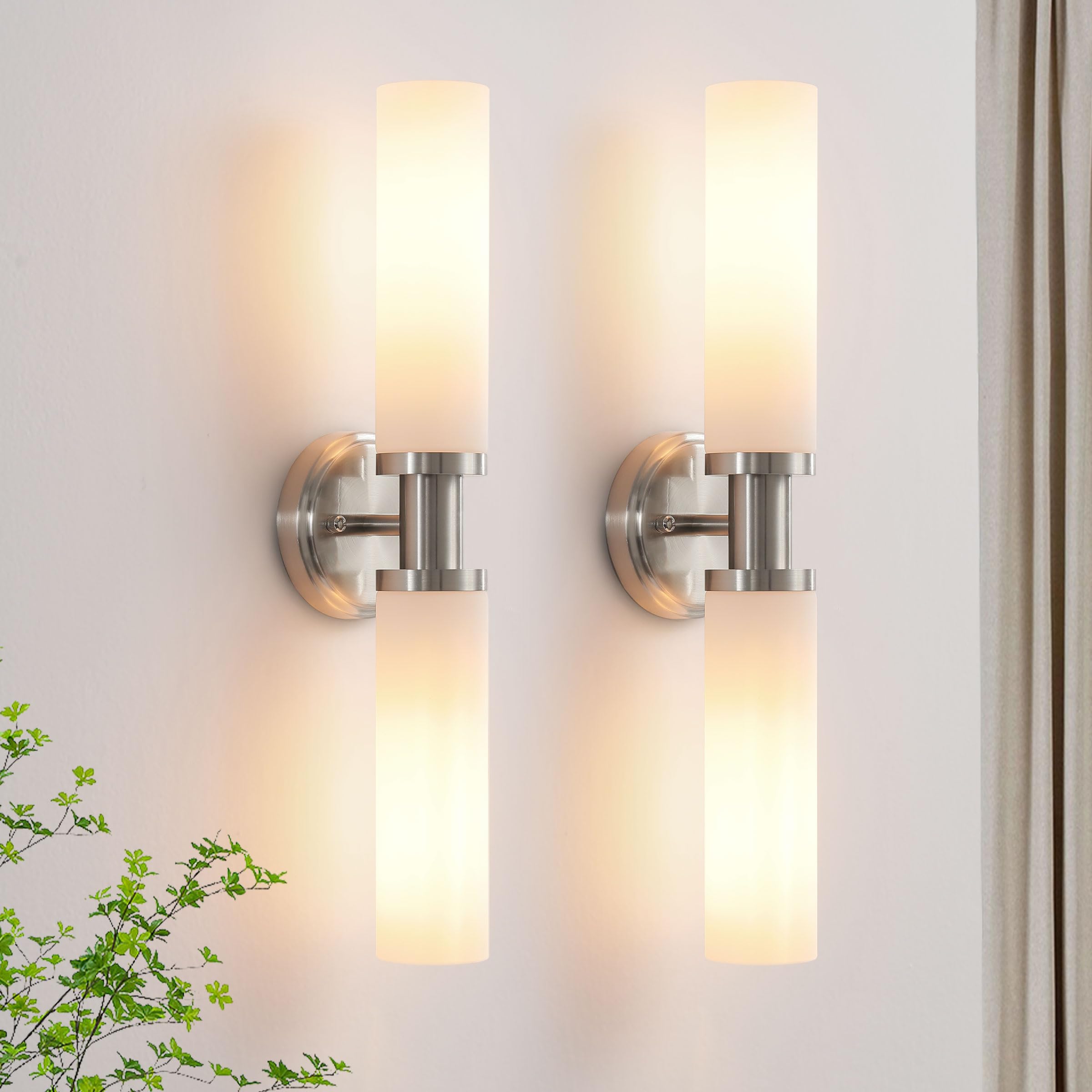 KUZZULL Wall Sconces Set of 2, Brushed Nickel, White Glass, Modern Lighting for Bathroom, Living Room, Hallway, Bedroom