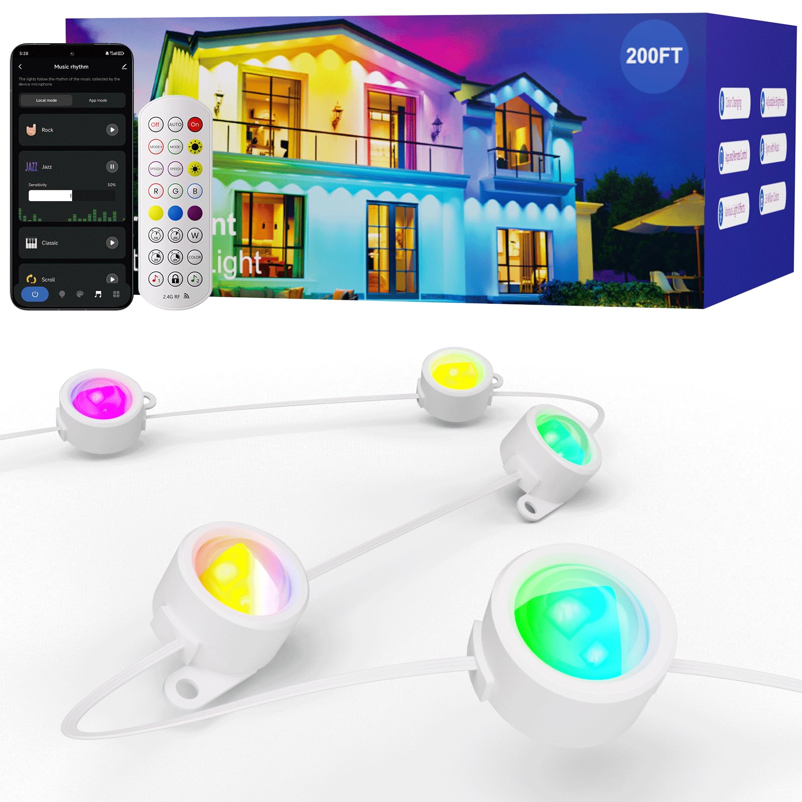 HUTAKUZE Outdoor Lights, 200FT, 120 RGB LEDs, IP67 Waterproof, 48 Scene Modes, Remote Control, Multicolor, Model C5109