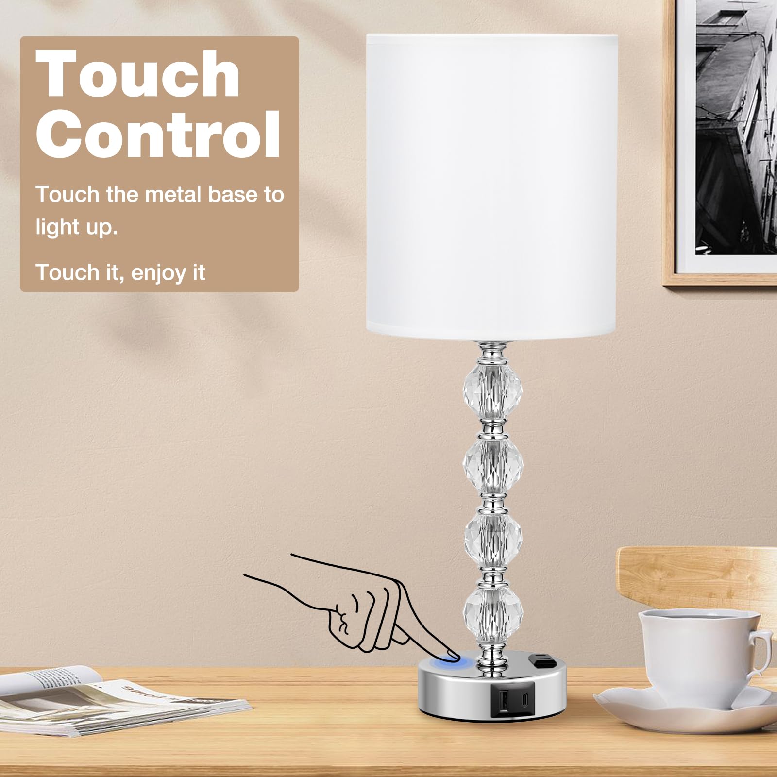 Acaxin Touch Bedside Crystal Lamp, 18in, 3-Way Dimmable, USB C+A Port, AC Outlet, White, Model ACA-TL-Mini4-White-L