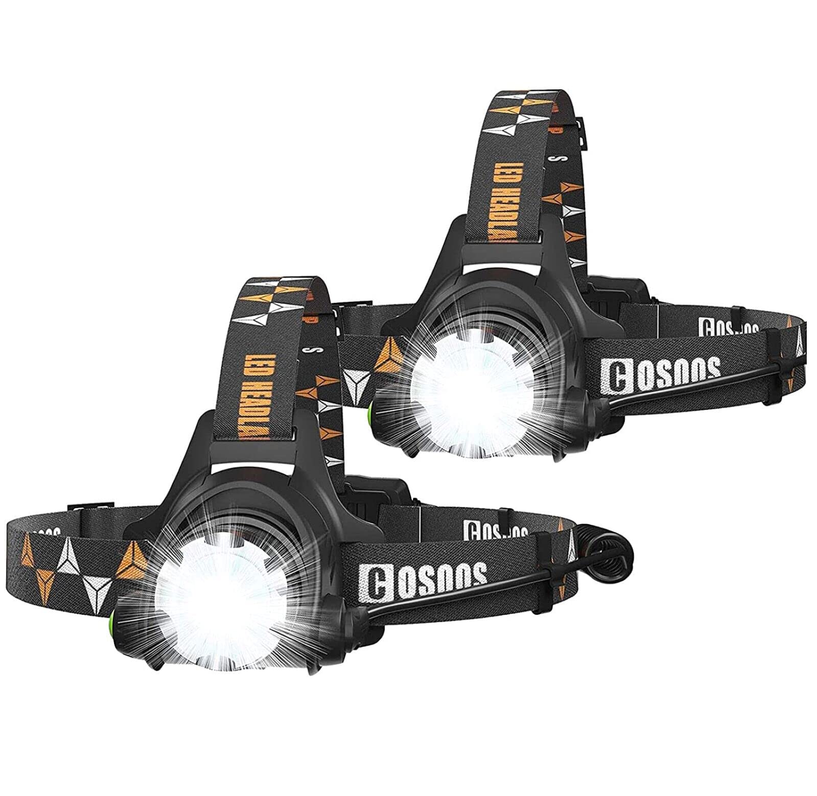 COSOOS 2 Rechargeable Headlamps, Bright LED Headlamp Flashlight, 1000 Lumen, Zoomable, 4-Mode Headlight, Waterproof Headlamp for