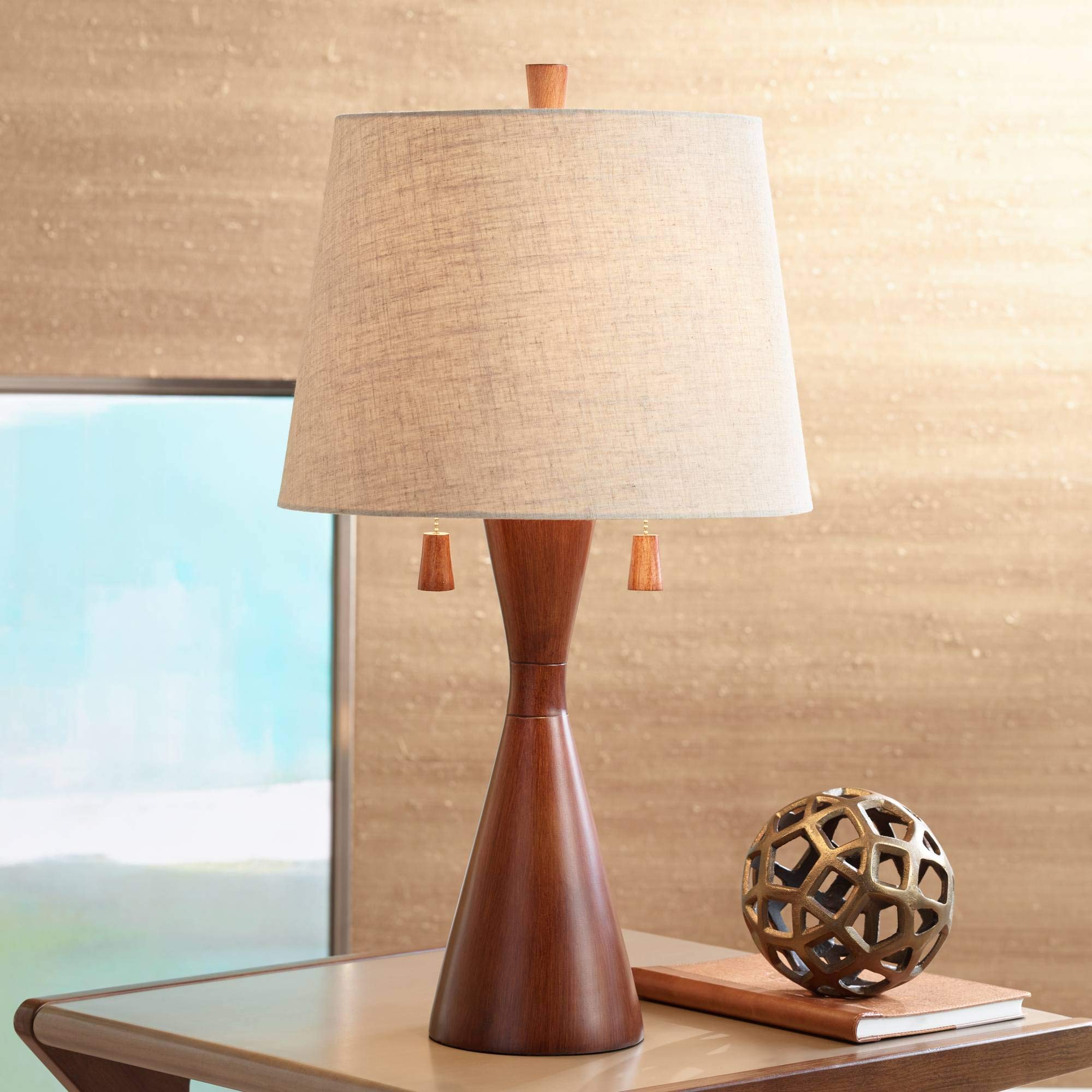 360 Lighting Omar Modern Table Lamp 28 3/4'' Tall Warm Brown Wood Hourglass Oatmeal Fabric Tapered Drum Shade For Bedroom Living