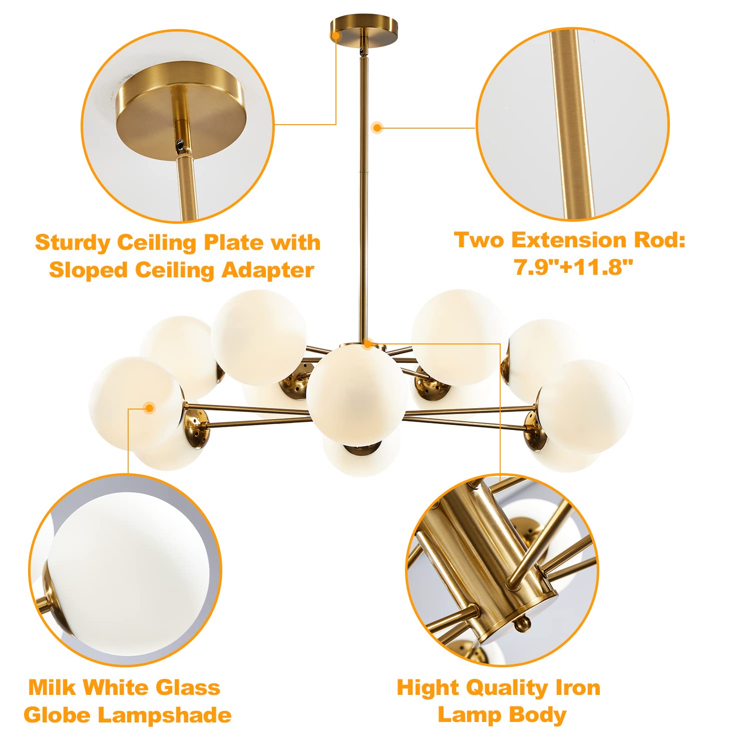KCO 12-Light Glass Globe Sputnik Chandelier Brushed Brass Metal Fixture L1085-12-Head Gold+White