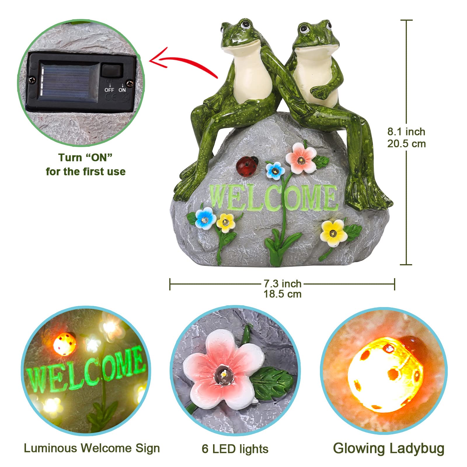 Nacome Solar Garden Frog Statue With Succulent & 7 Led Lights - Patio Yard Decor
