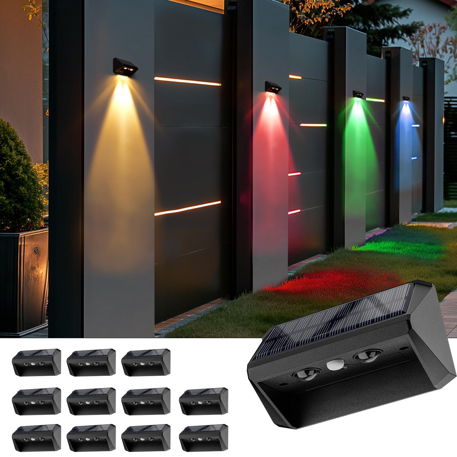Bridika Solar Fence Lights Outdoor, 12 Pack, LED Warm White, Cool White, RGB, Black, Model QS31071, Waterproof Deck Lights