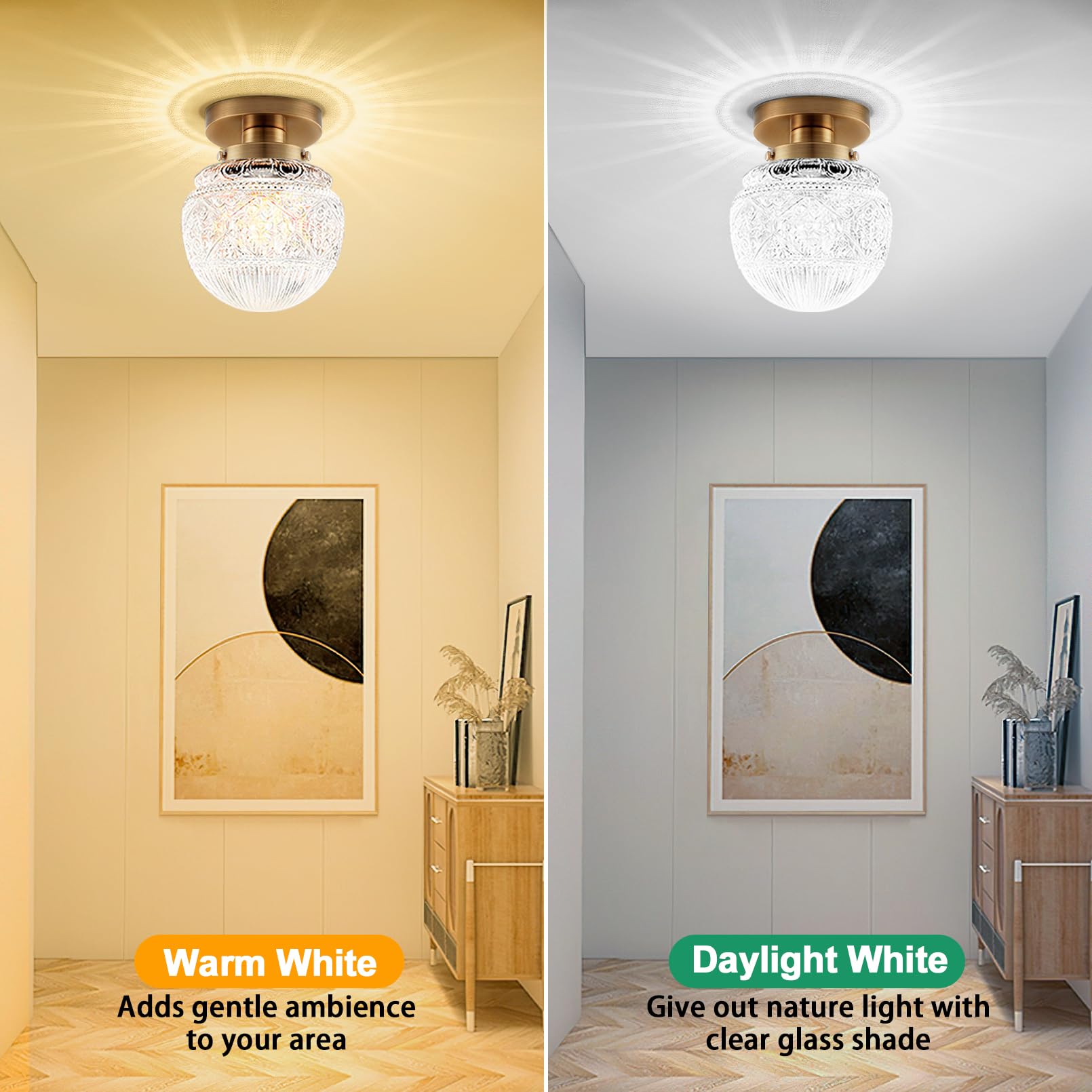 Apoto 2-Pack Semi Flush Mount Ceiling Light Fixture,Gold Small Globe Glass Ceiling Lights,Vintage Hallway Light Fixtures Ceiling