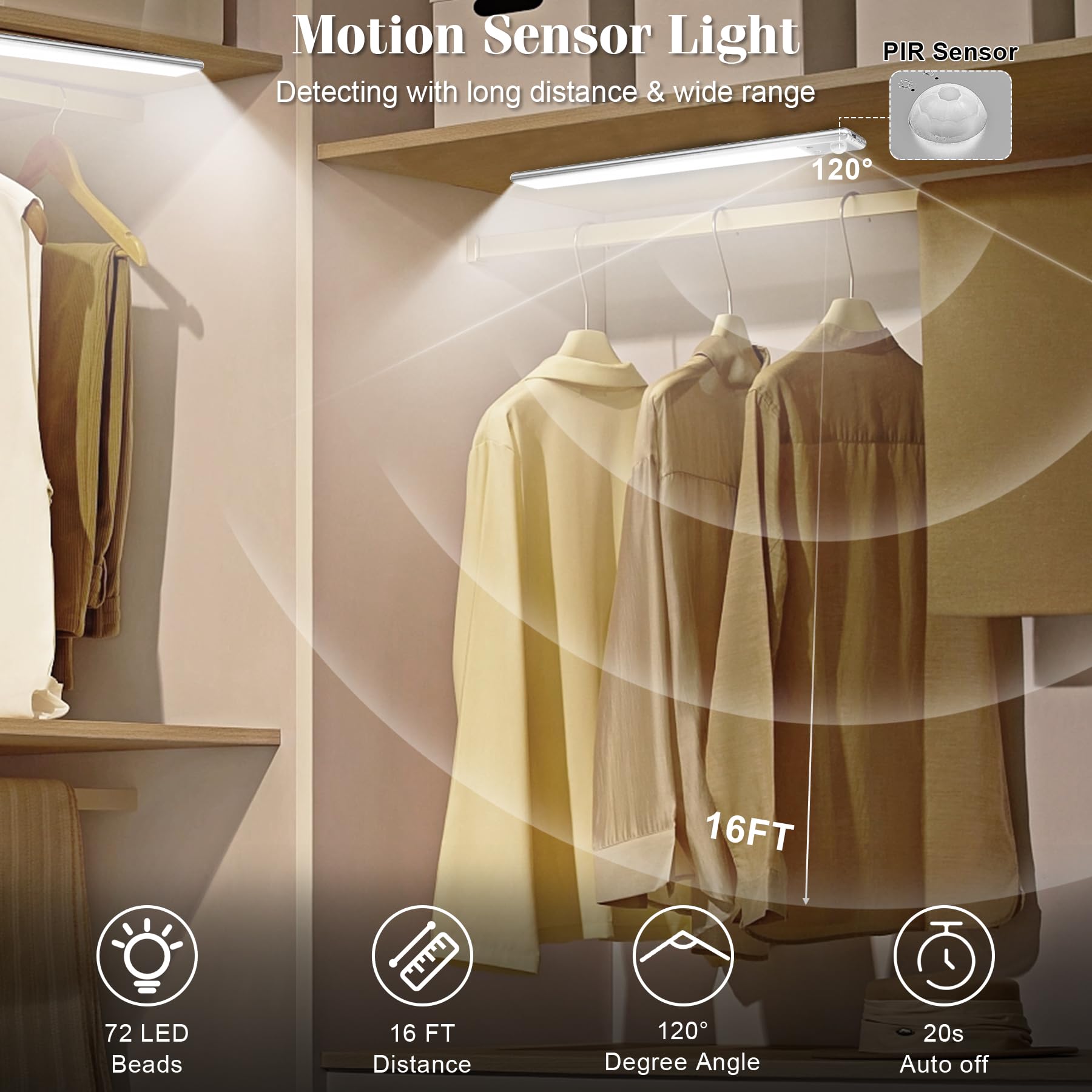 Yacoto Under Cabinet Lighting with Remote Control, 72 LED Motion Sensor Light Indoor 2200mAh Rechargeable Closet Lights 3 Color