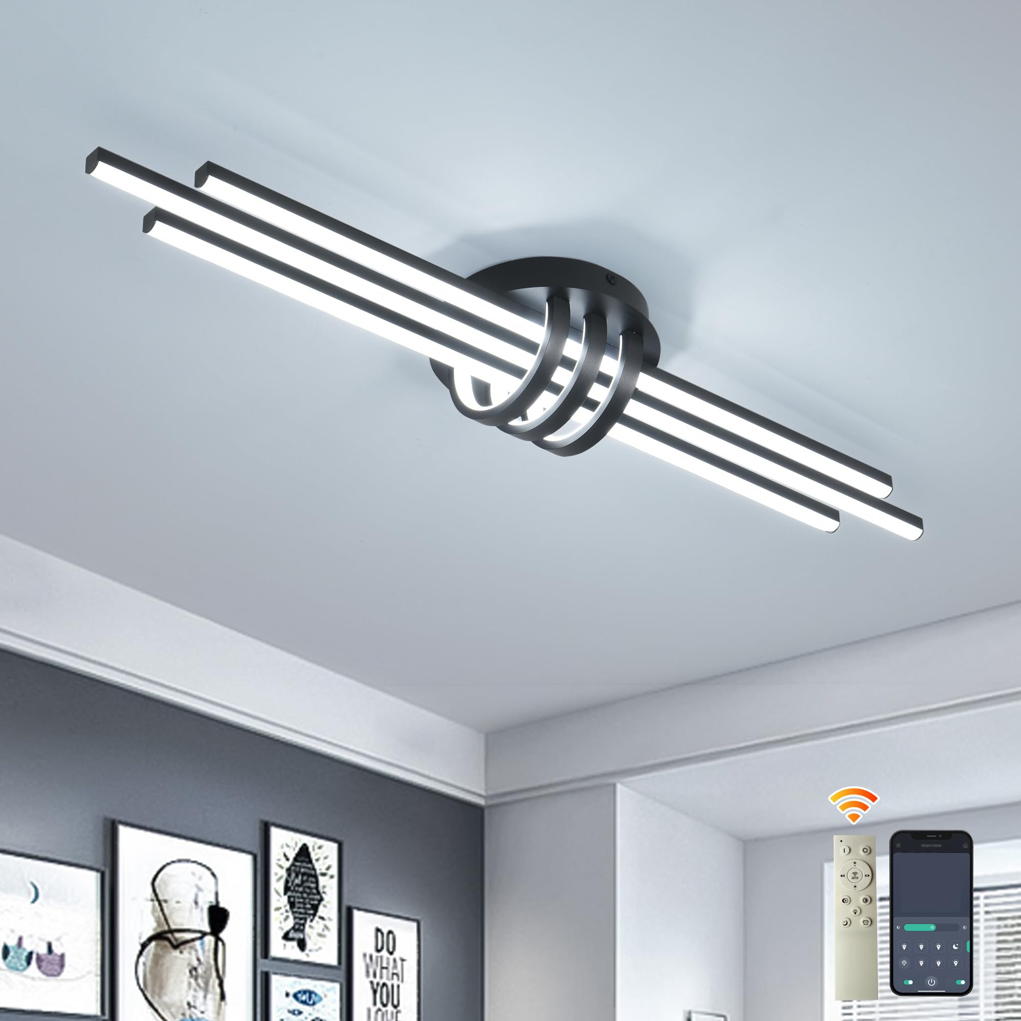 Garwarm 31.49 Inch Modern Led Ceiling Light Fixture, 40W Black Flush Mount Ceiling Light With Remote, Industrial Linear Chandeli