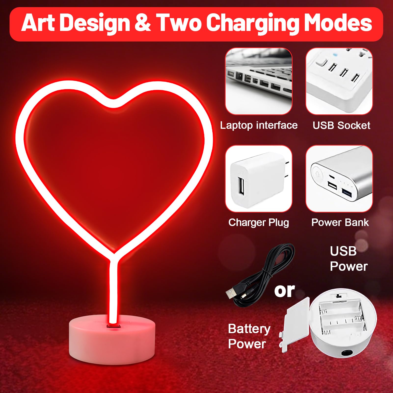 Brightdeck 2 Pack Heart Neon Signs  Led Lights Battery Operated Or Usb Powered Decoration Lamp  Neon Lights Decor For ValentineS Day Gifts  Wedding  Party  Pink Room Decor (Red Heart)