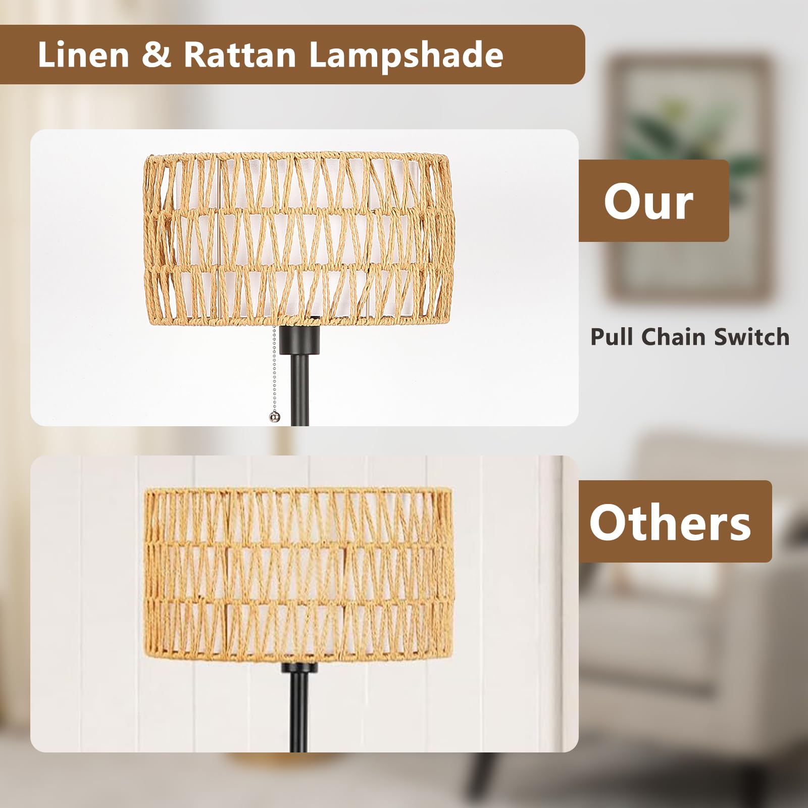 Netin Rattan Floor Lamp For Living Room, Boho Standing Lamp With 3 Color Temperatures, Farmhouse Floor Lamp Wicker Lamp Double S