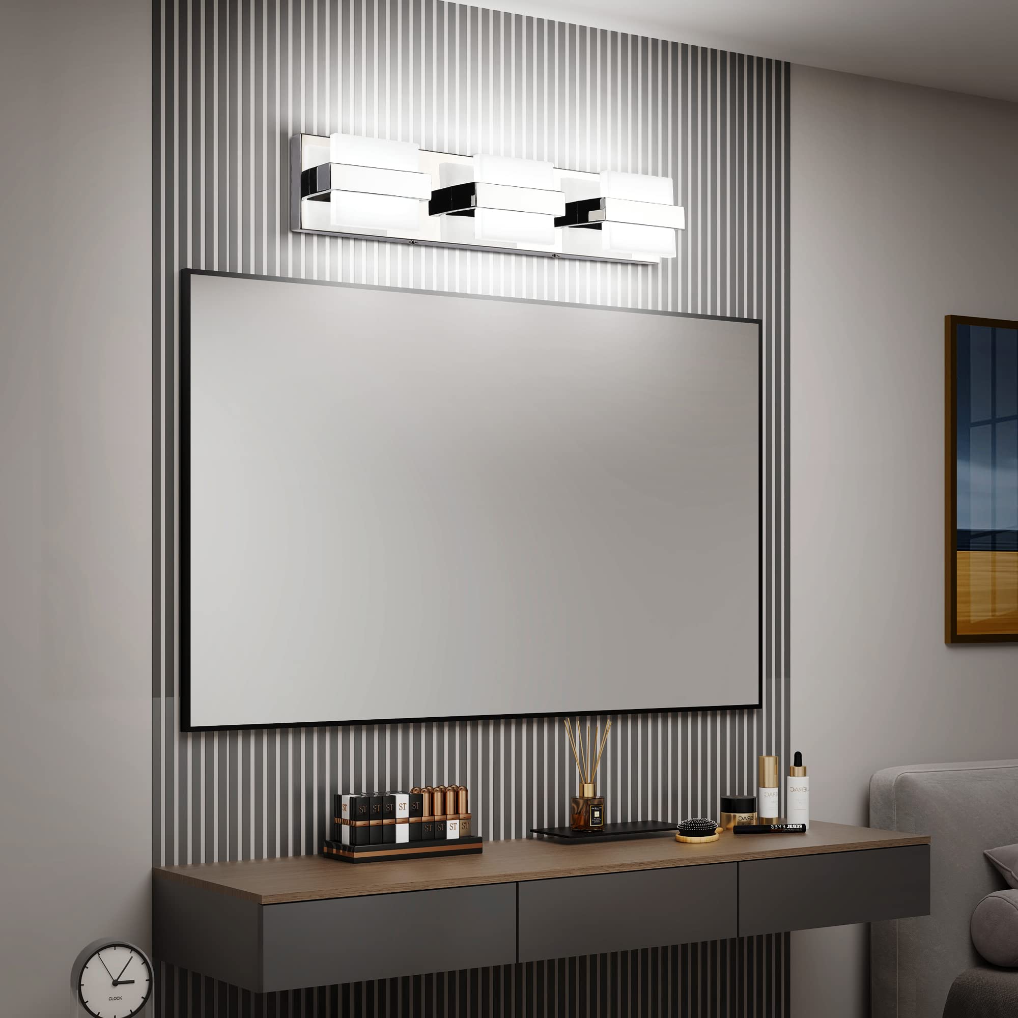 SOLFART Dimmable Bathroom Vanity Light Fixture, 3 Lights, Chrome, Stainless Steel, Model 7248-3T-WHL, Modern LED Over Mirror Lighting