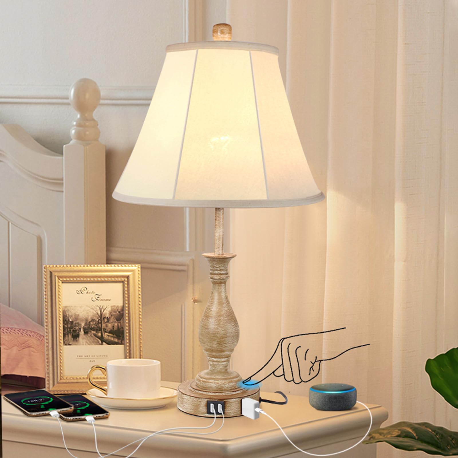 LALISU Farmhouse Table Lamp Touch Control 3-Way Dimmable with USB Ports, Fabric Shade, Pack-01, Multicolor