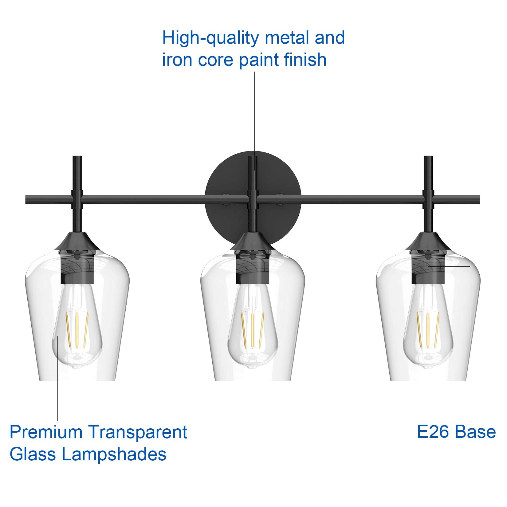 Ralbay Bathroom Vanity Light Fixture, 3-Light, Matte Black, Clear Glass, Vintage Edison Style, Model 2031