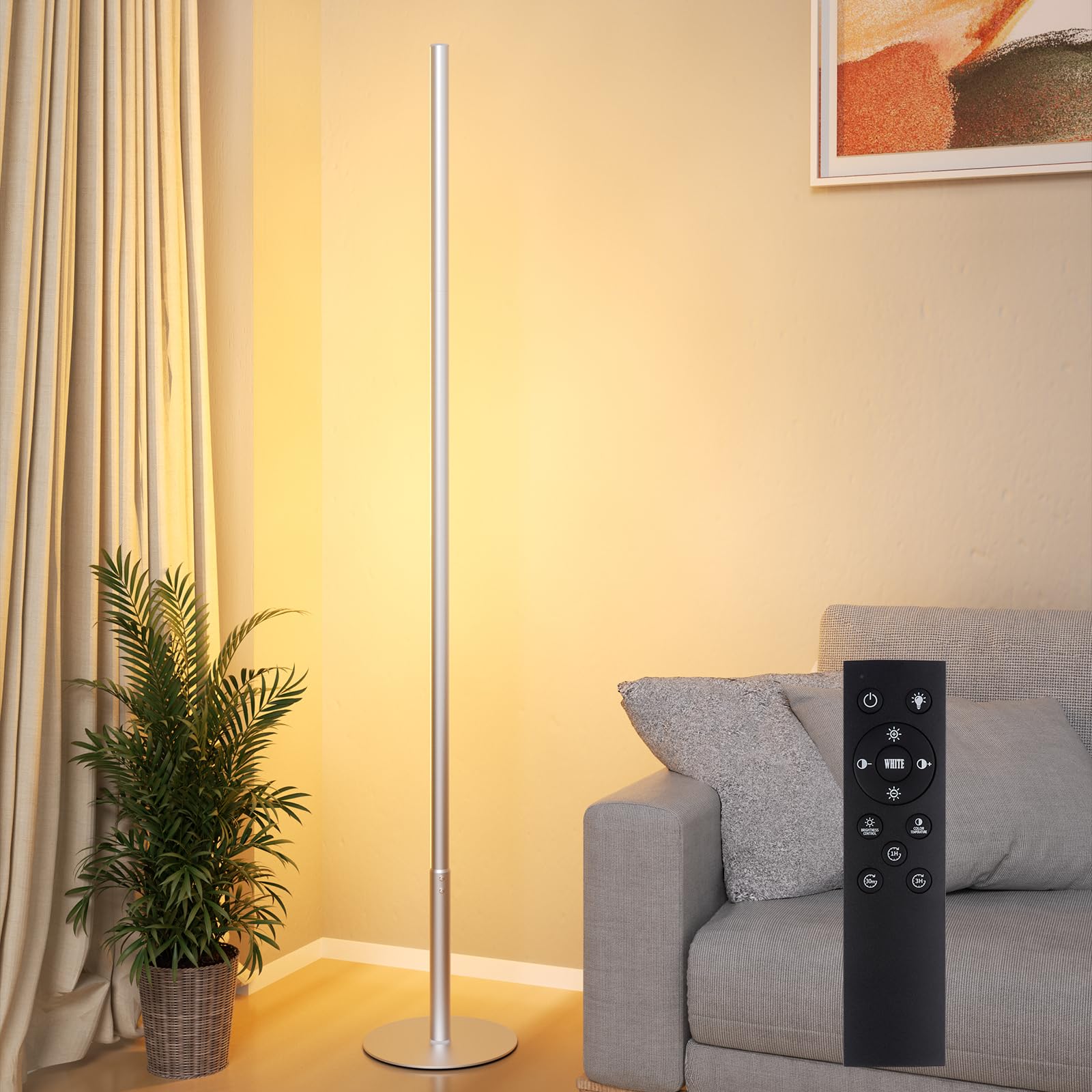 Marlrin Minimalist Corner Floor Lamp 2700K-6500K Dimmable with Remote Control 57.8'' Height Metal Slim Ambient Standing LED Ligh