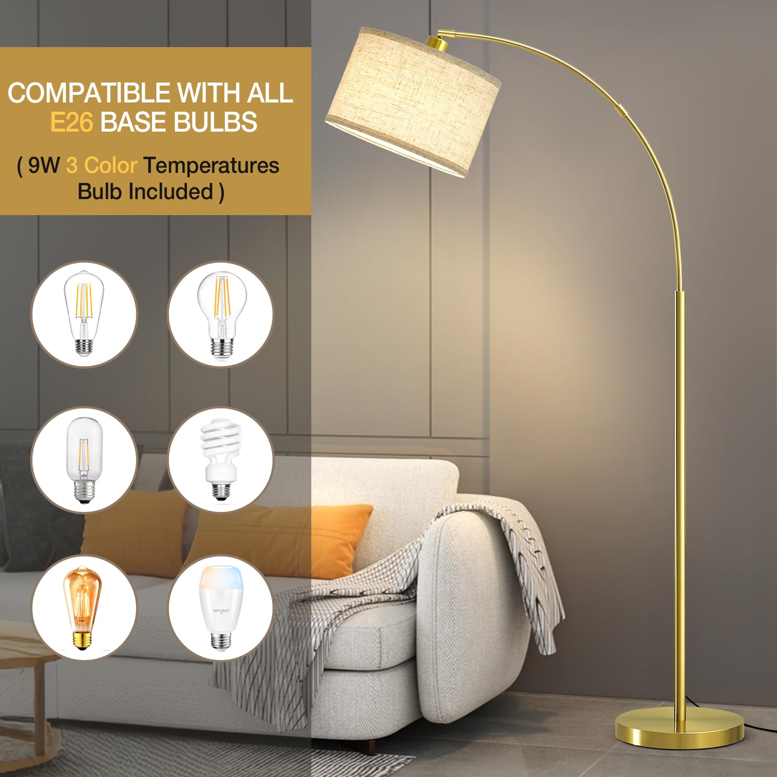 Luvkczc Arc Floor Lamp, 71'' Tall Standing Lamp With On/Off Foot Switch, Gold Floor Lamp For Living Room With Adjustable Drum La