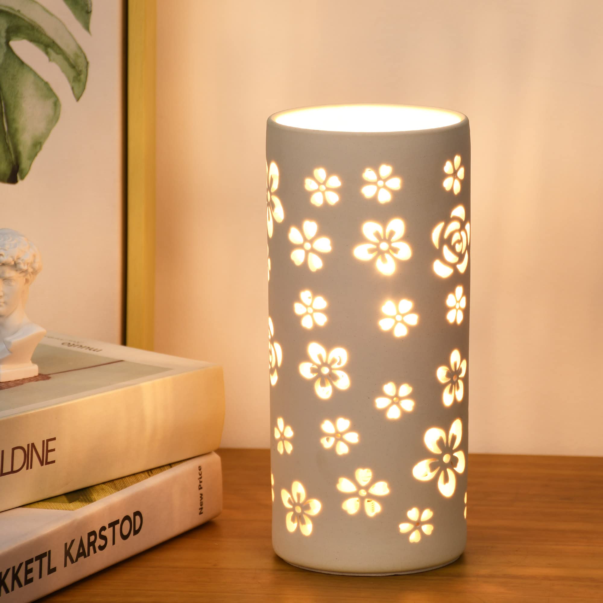 Lampwell Dana Small Modern Ceramic White Table Lamp,3.54H7.87IN,Bulb Excluded,Carving Flower