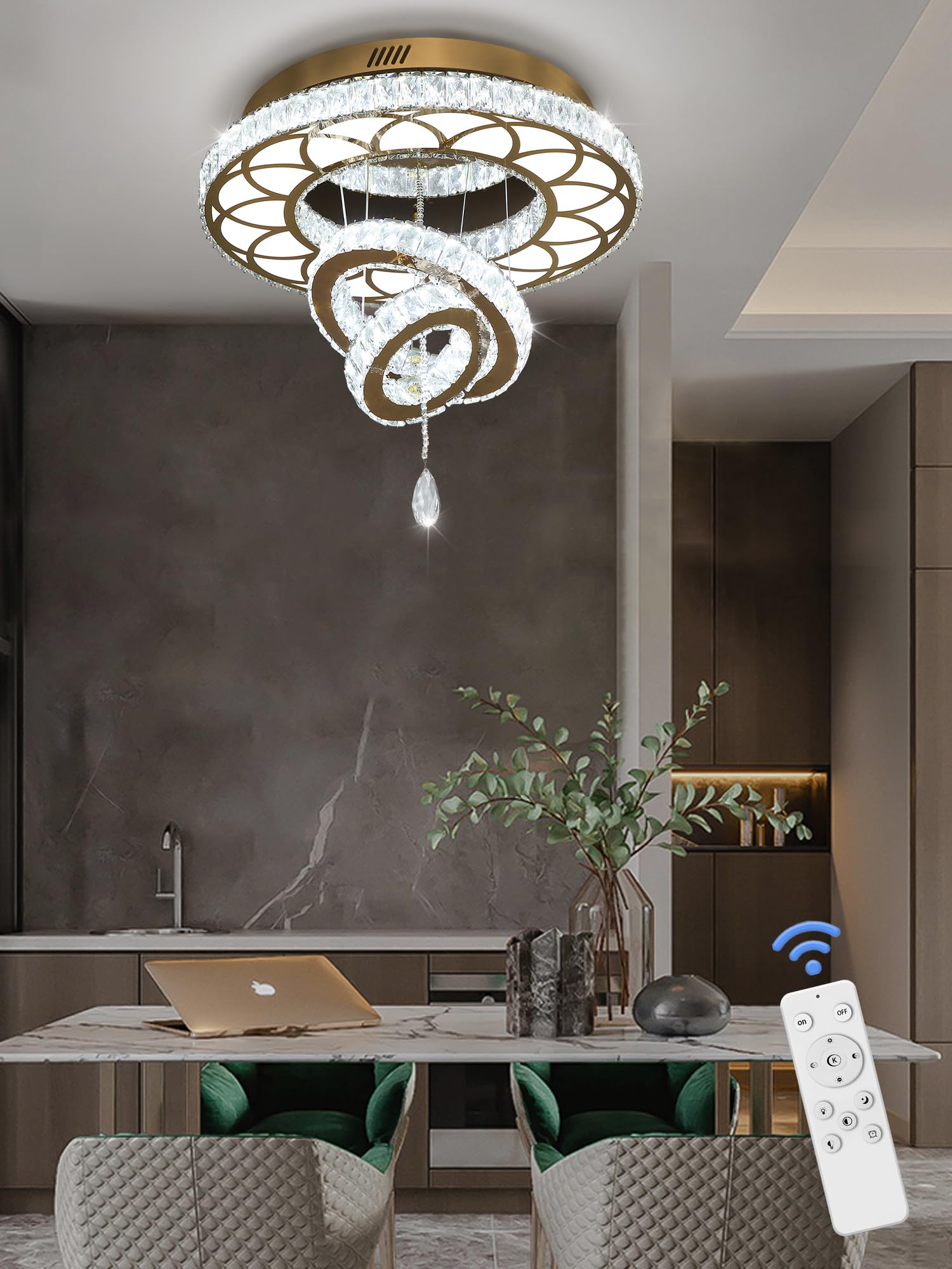Flashing God 20" Crystal Chandelier LED Flush Mount Light, Gold, Dimmable 2700K/4500K/6000K, Model MMQ0268-50-J