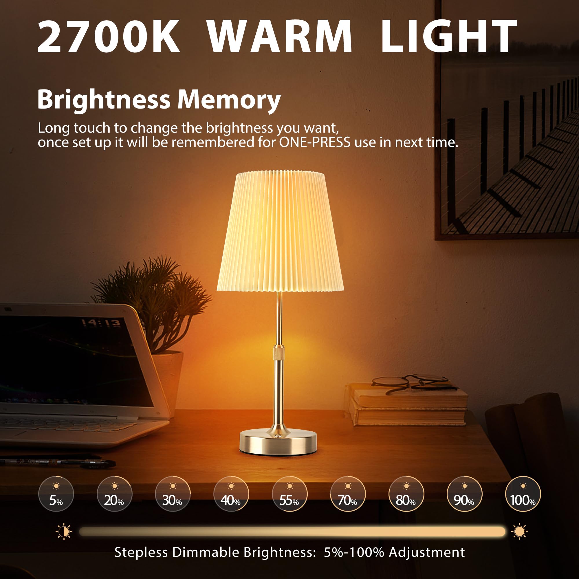 HISEEGO Cordless Table Lamp, 2700K Stepless Dimmable, 16.5in Pleated Lampshade, Metal, Silver, Model LP-N8-SL