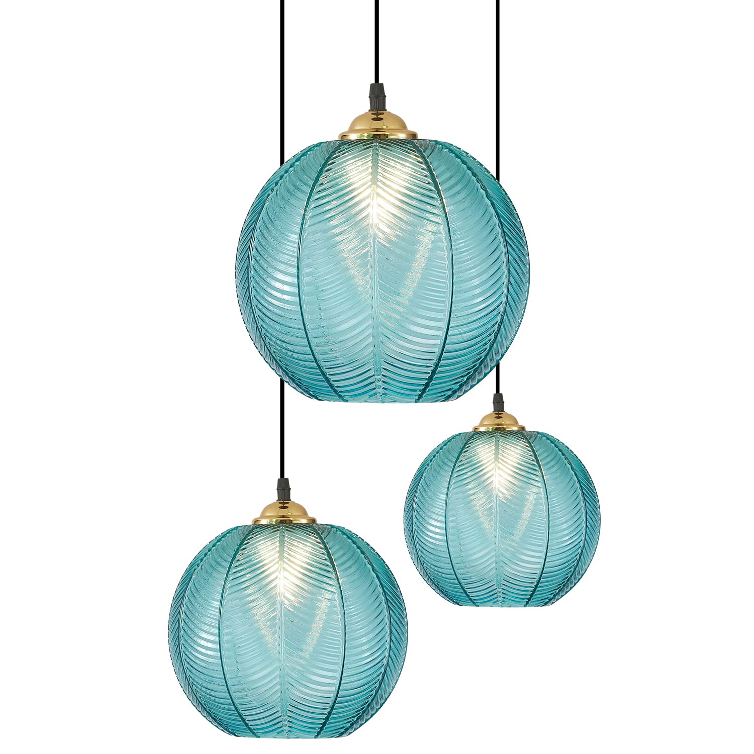 Kco 3-Light Blue Striped Glass Pendant Light Fixture - Vintage Mid-Century Chandelier