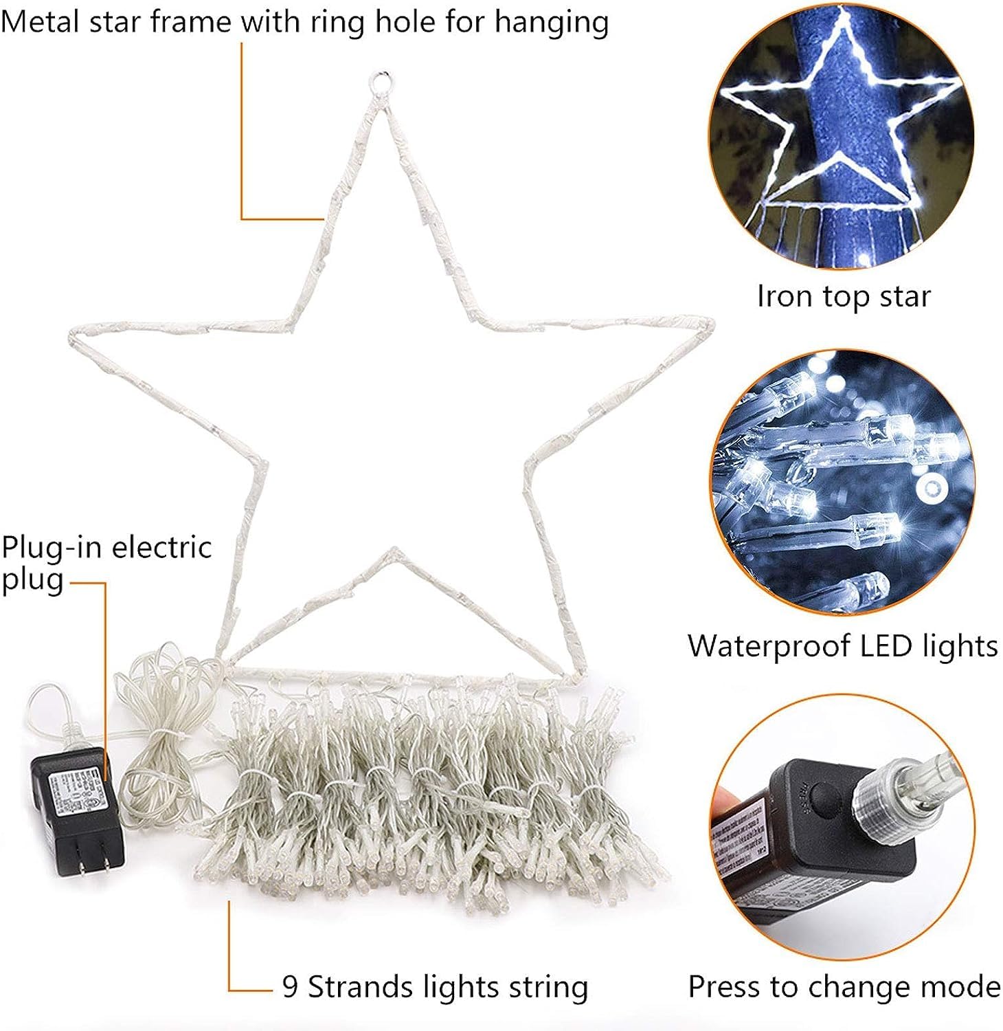 cerflyer Christmas String Lights 320 LED 11.5 Ft Iron-Cool White Waterfall Tree Lights with Star Topper, Model YLS1000WD01