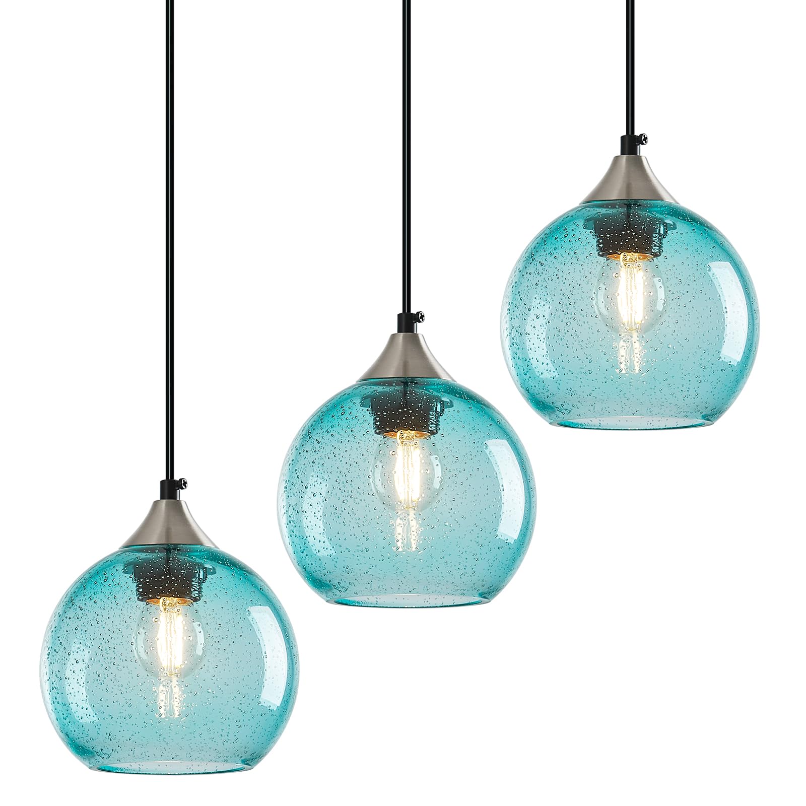 Lbsqj Light Blue Glass Pendant Lights Kitchen Island Globe Pendant Light Fixtures Modern Pendant Lighting For Bedroom Living Dining Room Light Fixture (5.9 In  3 Pack)
